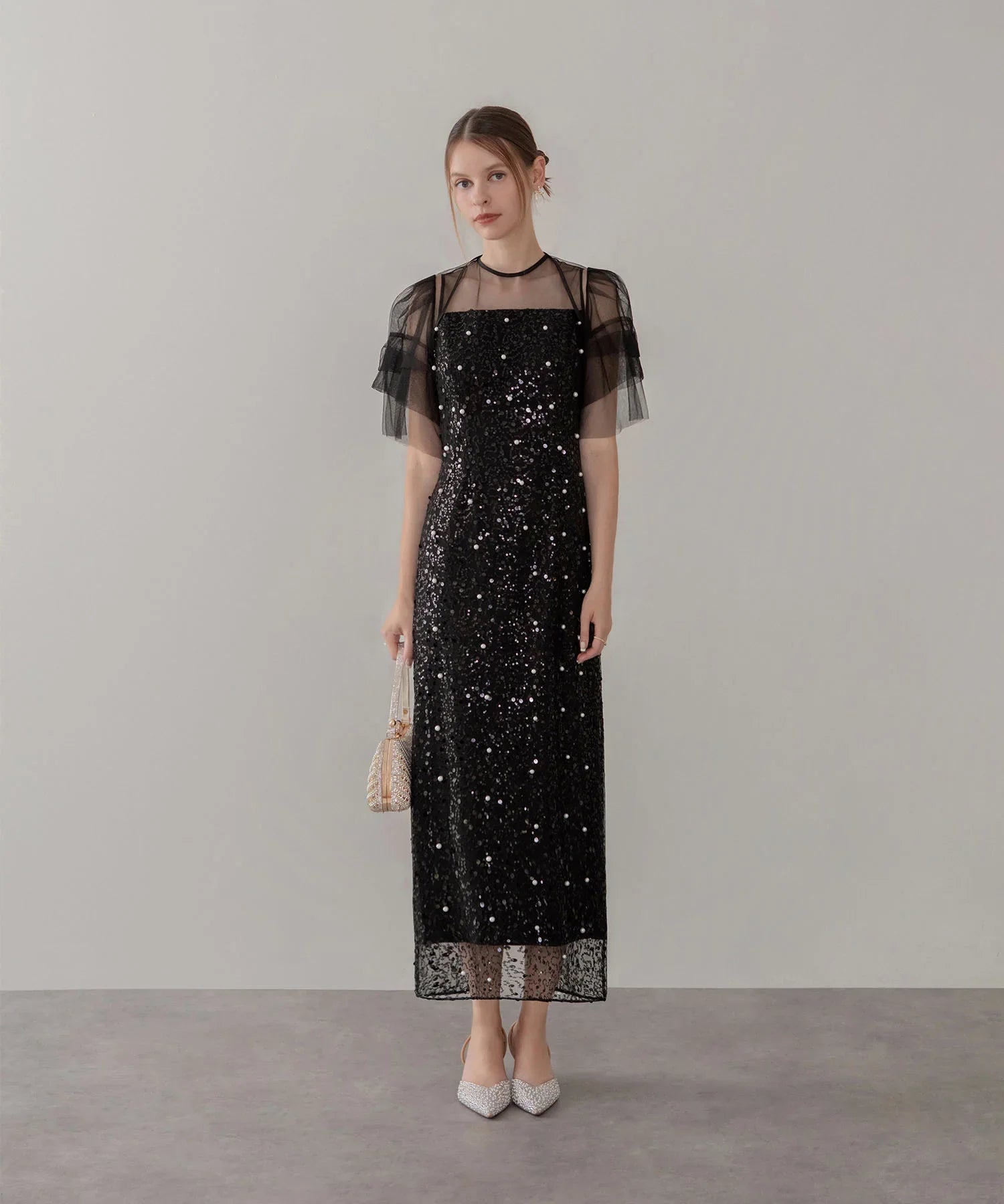 【当日発送】スパンコールパールミックスボレロIラインワンピースドレス