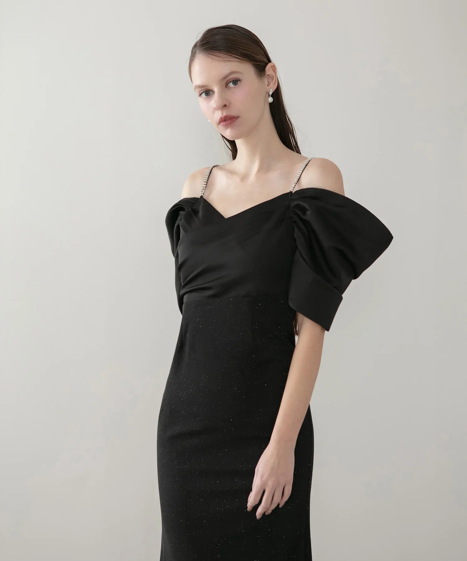 【LEJA LUXE】ビジューストラップタックオフショルダーマーメイドワンピースドレス