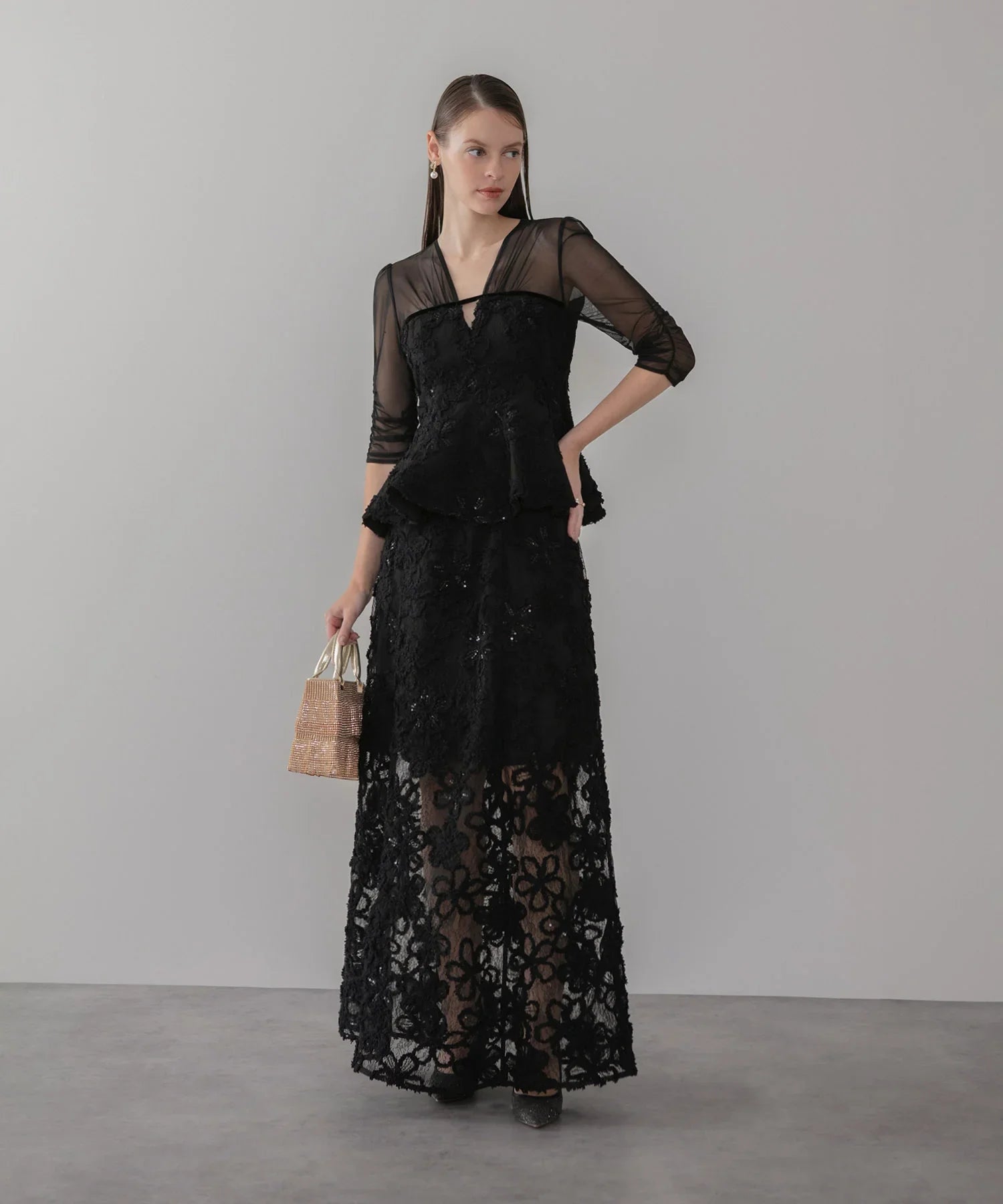 【LEJA LUXE】フラワーレースペプラムセットアップドレス