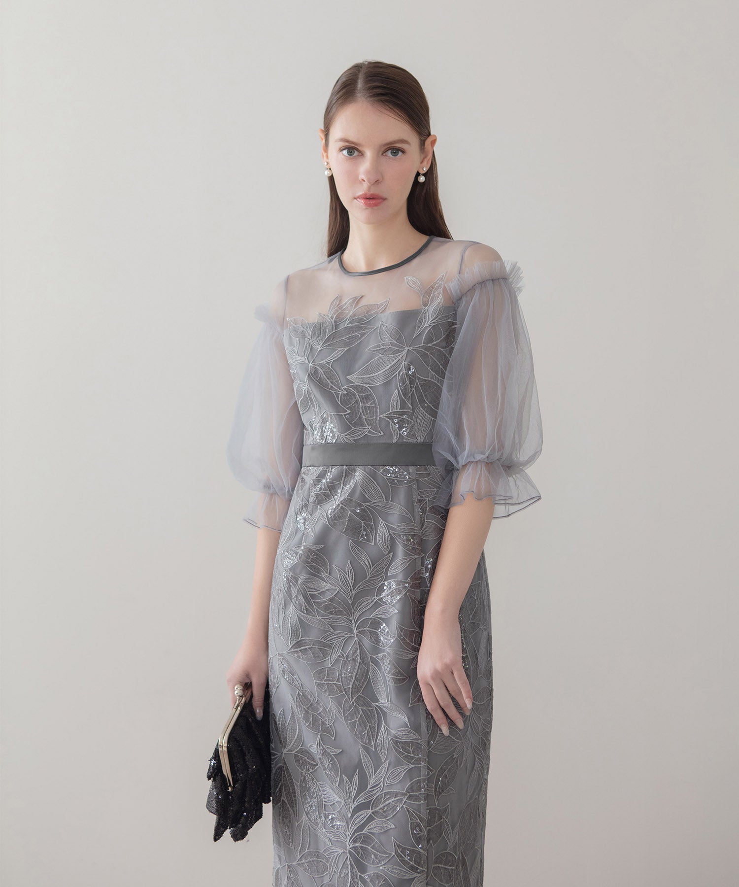 【当日発送】リーフスパンコールチュールパフスリーブIラインワンピースドレス