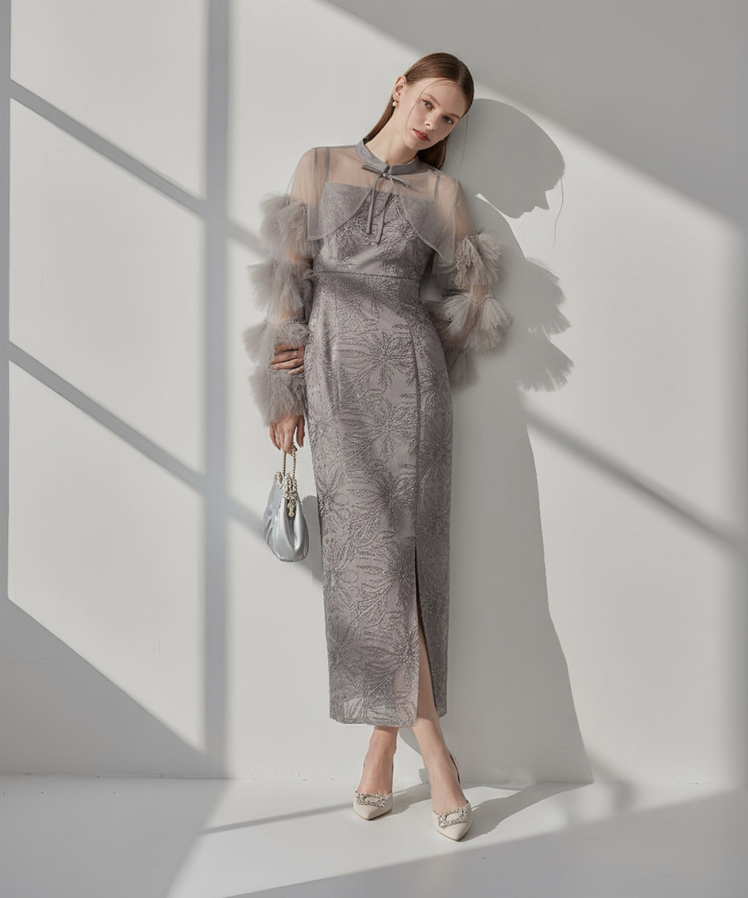 【一部当日発送】フリルチュールスリーブリボンIラインワンピースドレス