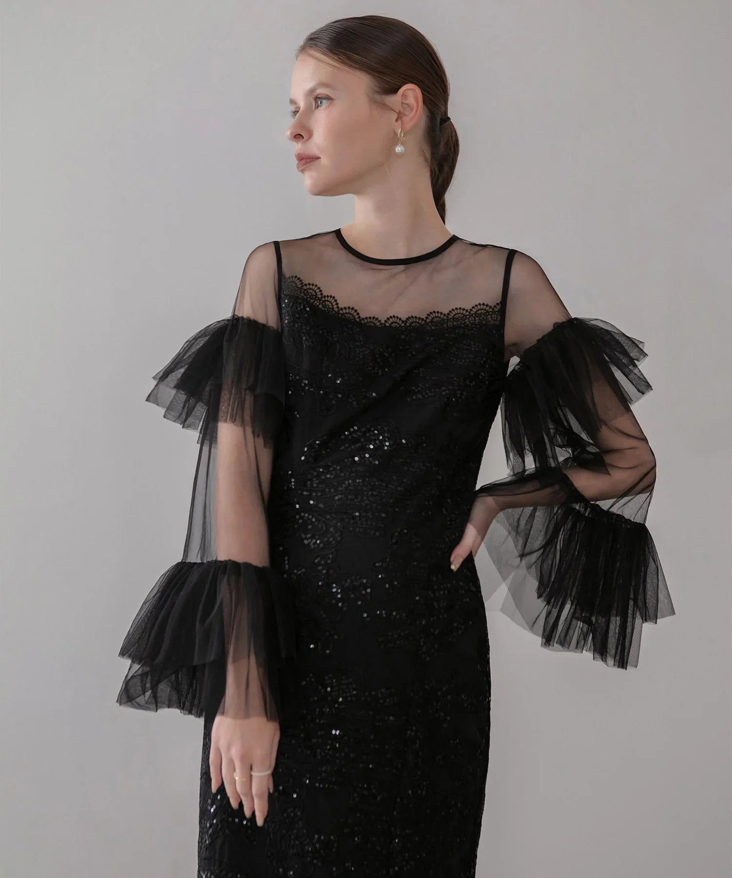 【当日発送】フリルチュールスリーブレースIラインワンピースドレス