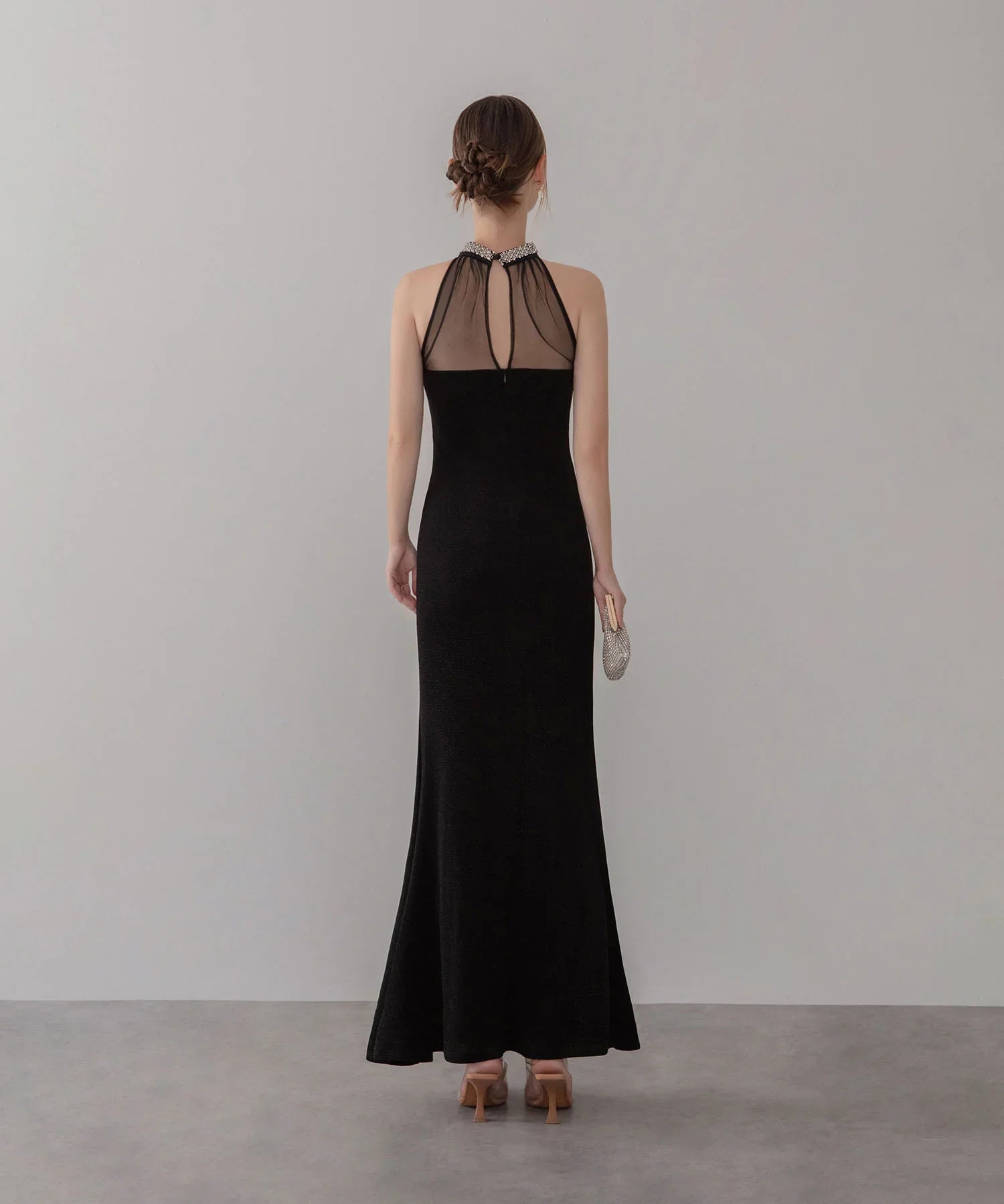 【LEJA LUXE】2WAYシアーネックビジューデザインブラックマーメイドロングドレス