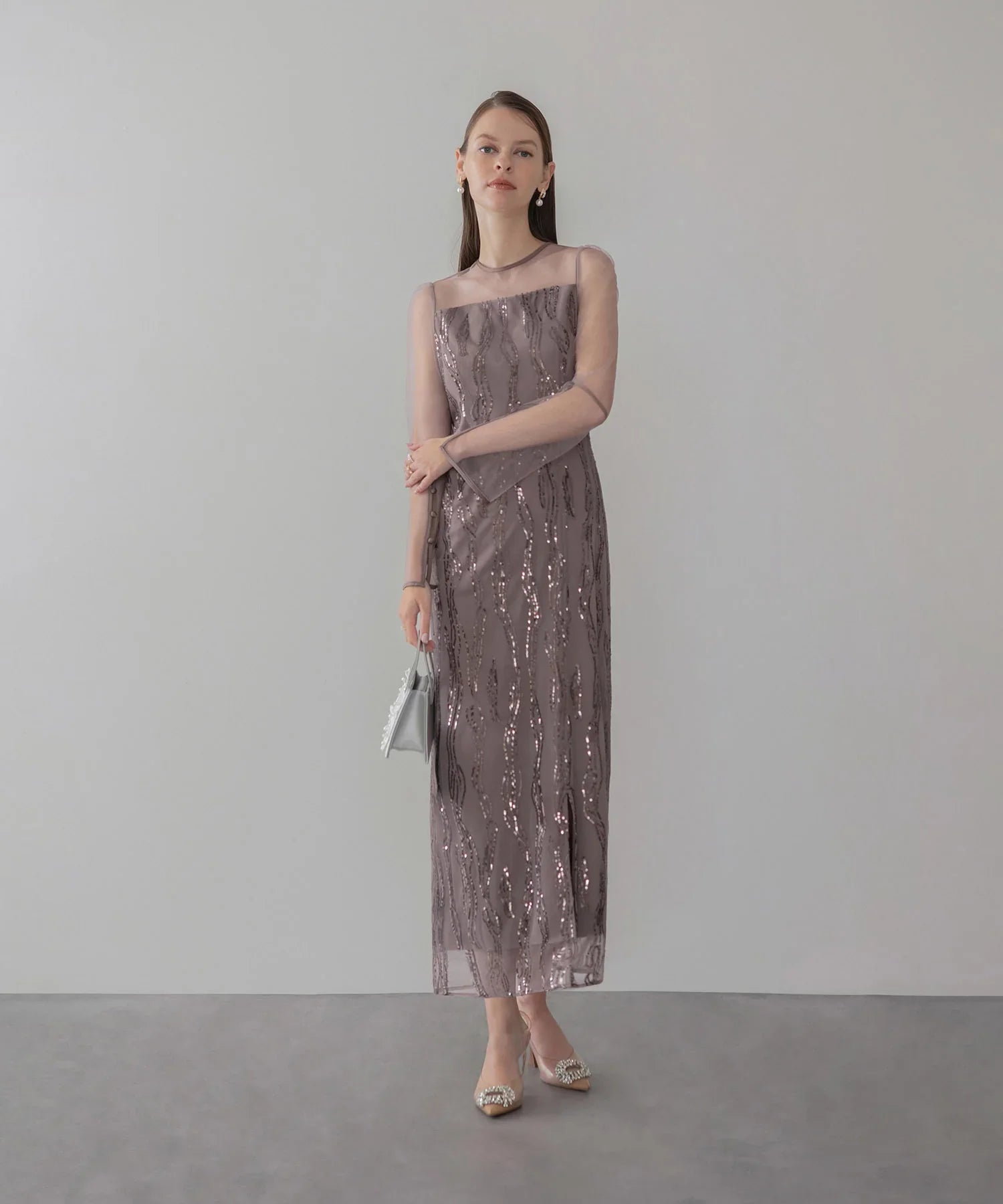 【当日発送】シアーケープスパンコールIラインワンピースドレス