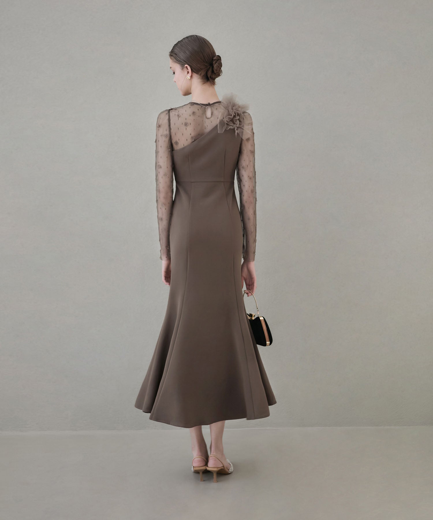 【当日発送】フラワーモチーフアシンメトリーチュールマーメイドワンピースドレス