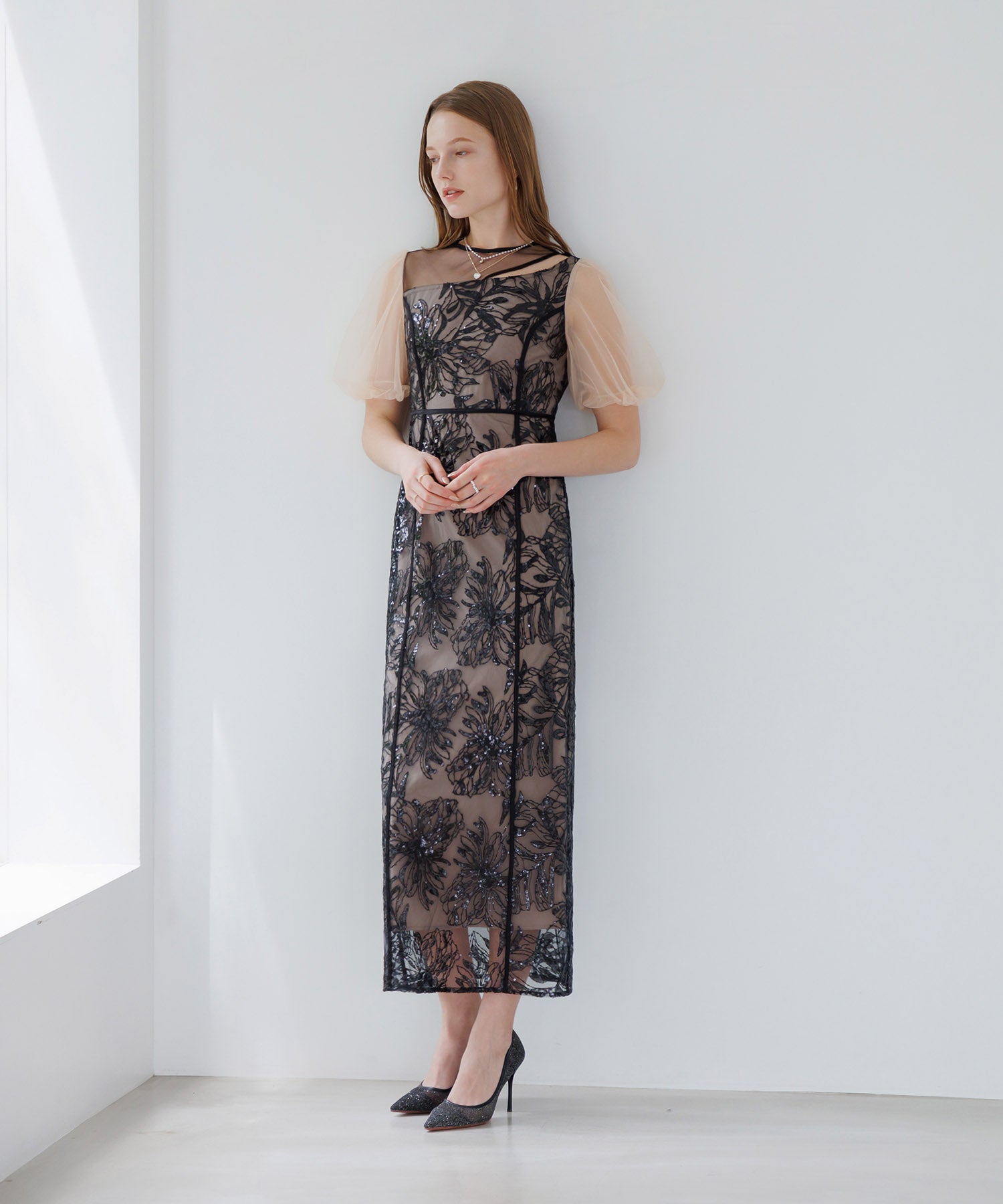 【当日発送】アシンメトリーシアーフラワーワンピースドレス