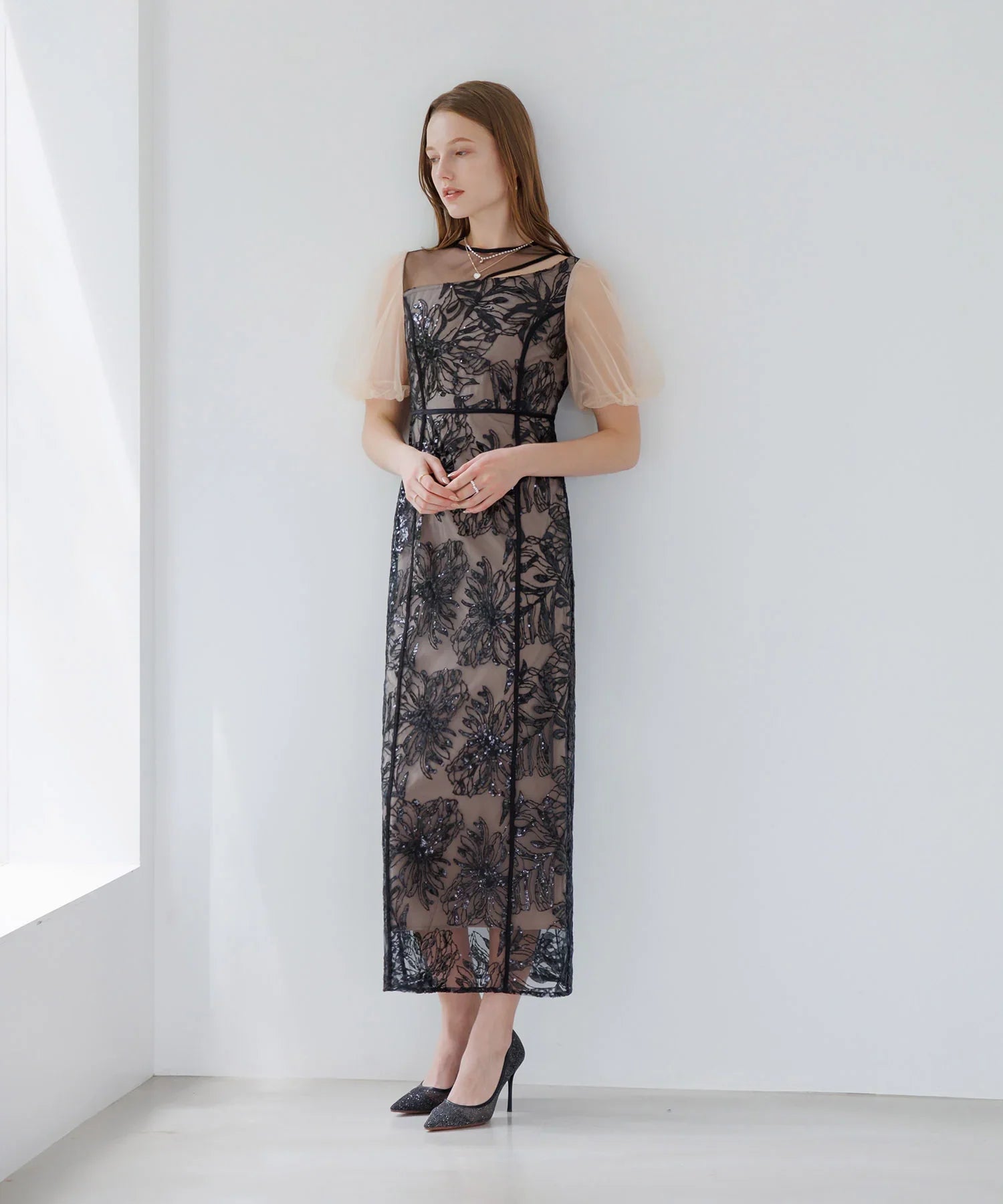 【当日発送】アシンメトリーシアーフラワーワンピースドレス