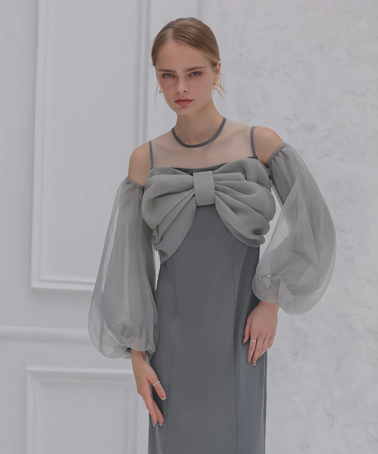 【当日発送】フロントリボンチュールIラインワンピースドレス