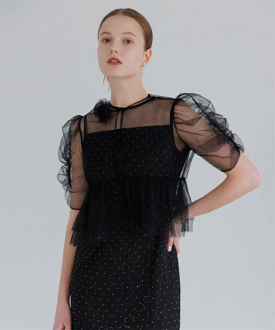 【当日発送】チュールフラワーモチーフドットストーンIラインワンピースドレス