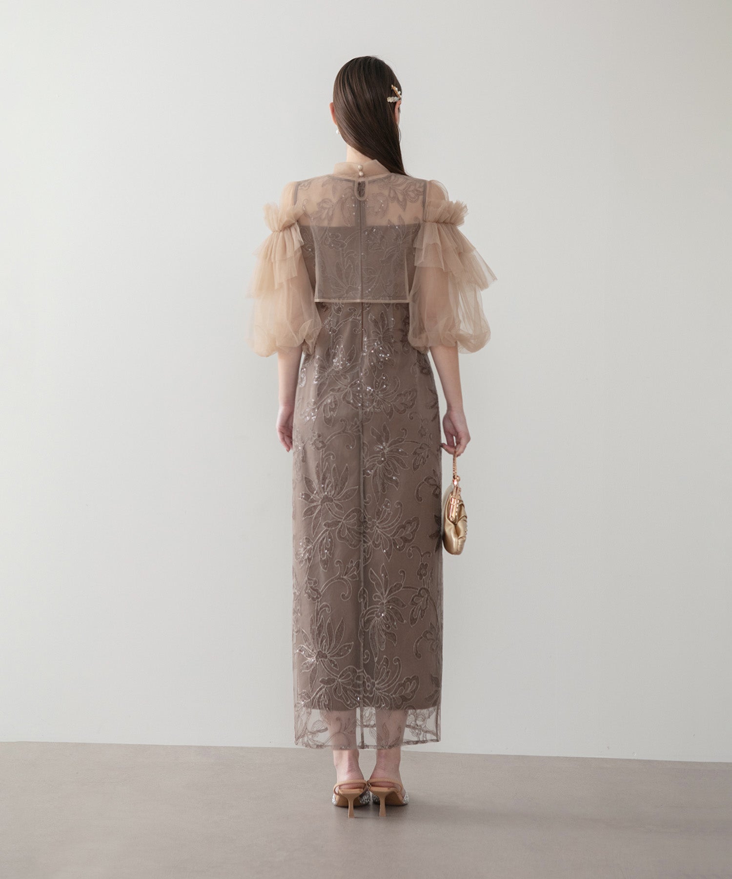 【当日発送】フリルチュールスパンコールフローラルIラインワンピースドレス