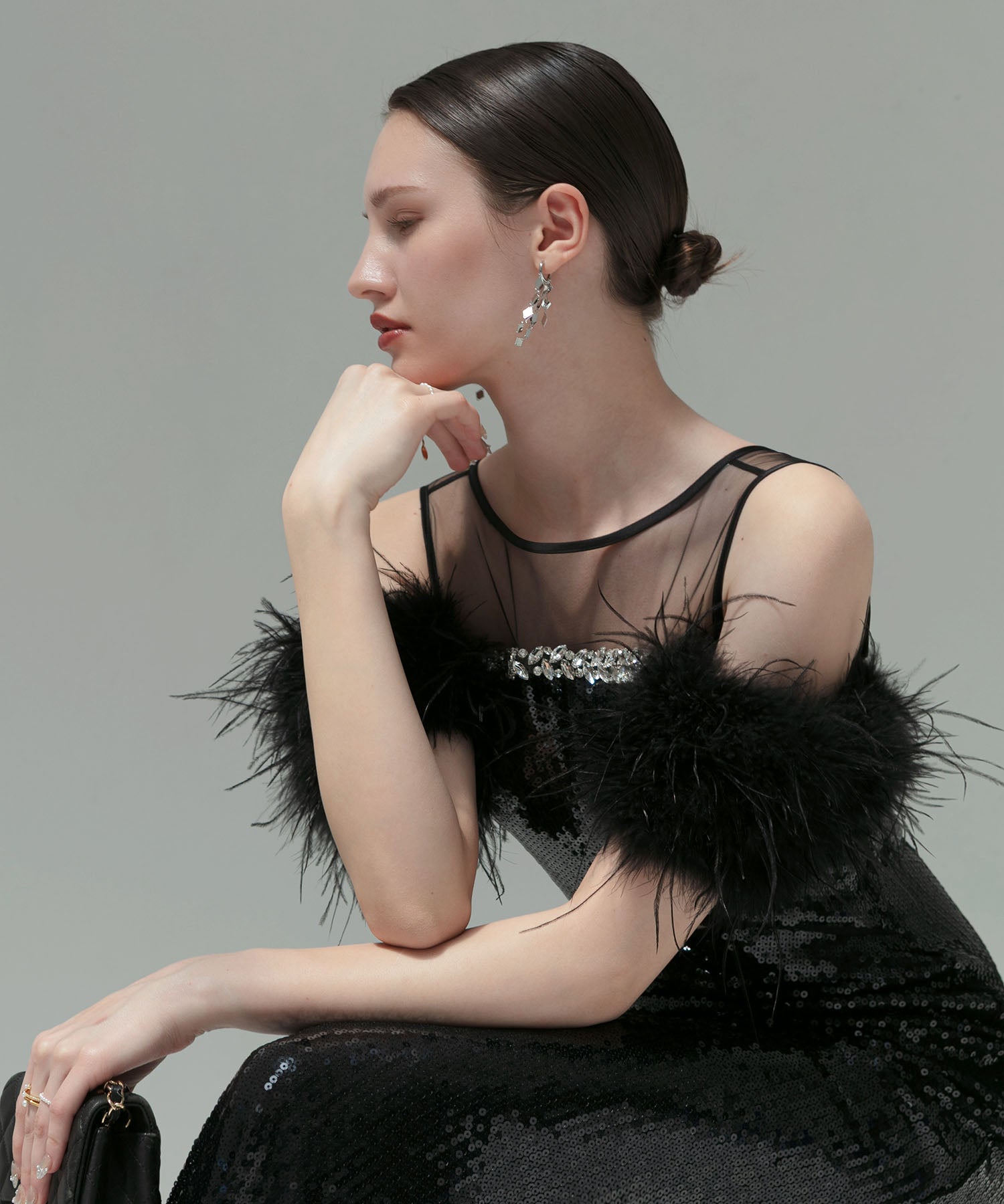 【LEJA LUXE】2WAYファースリーブスパンコールマーメイドドレス