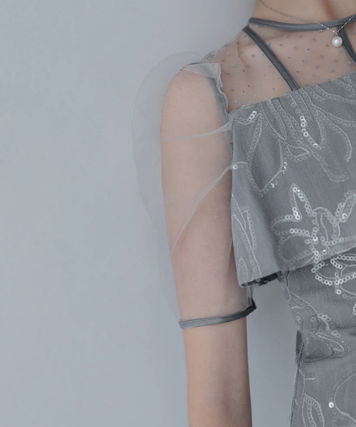 【当日発送】ドットチュールフラワースパンコールIラインワンピースドレス