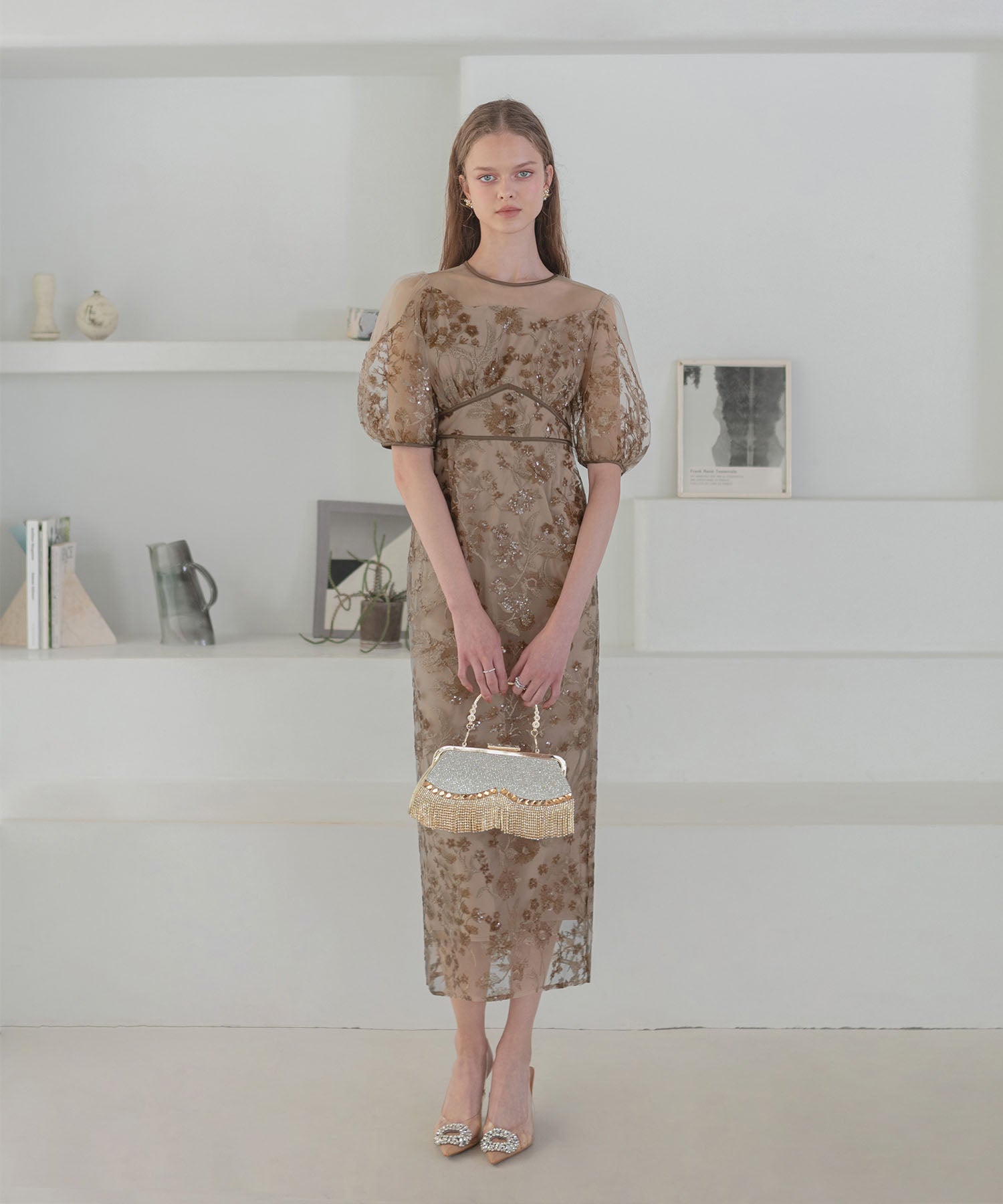 【一部当日発送】フラワーディテールパフスリーブIラインワンピースドレス