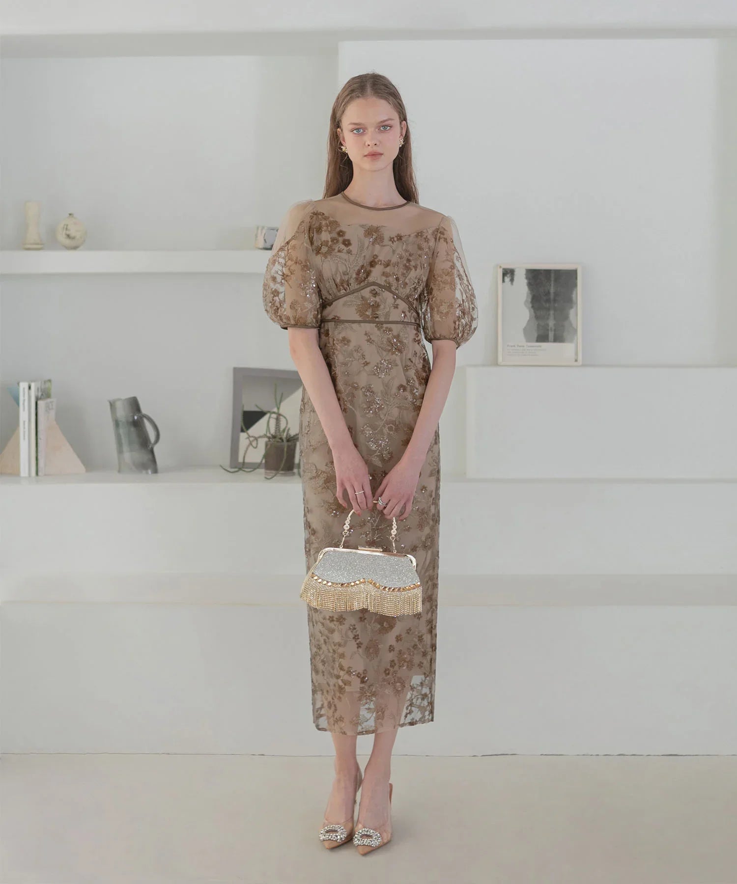 【一部当日発送】フラワーディテールパフスリーブIラインワンピースドレス