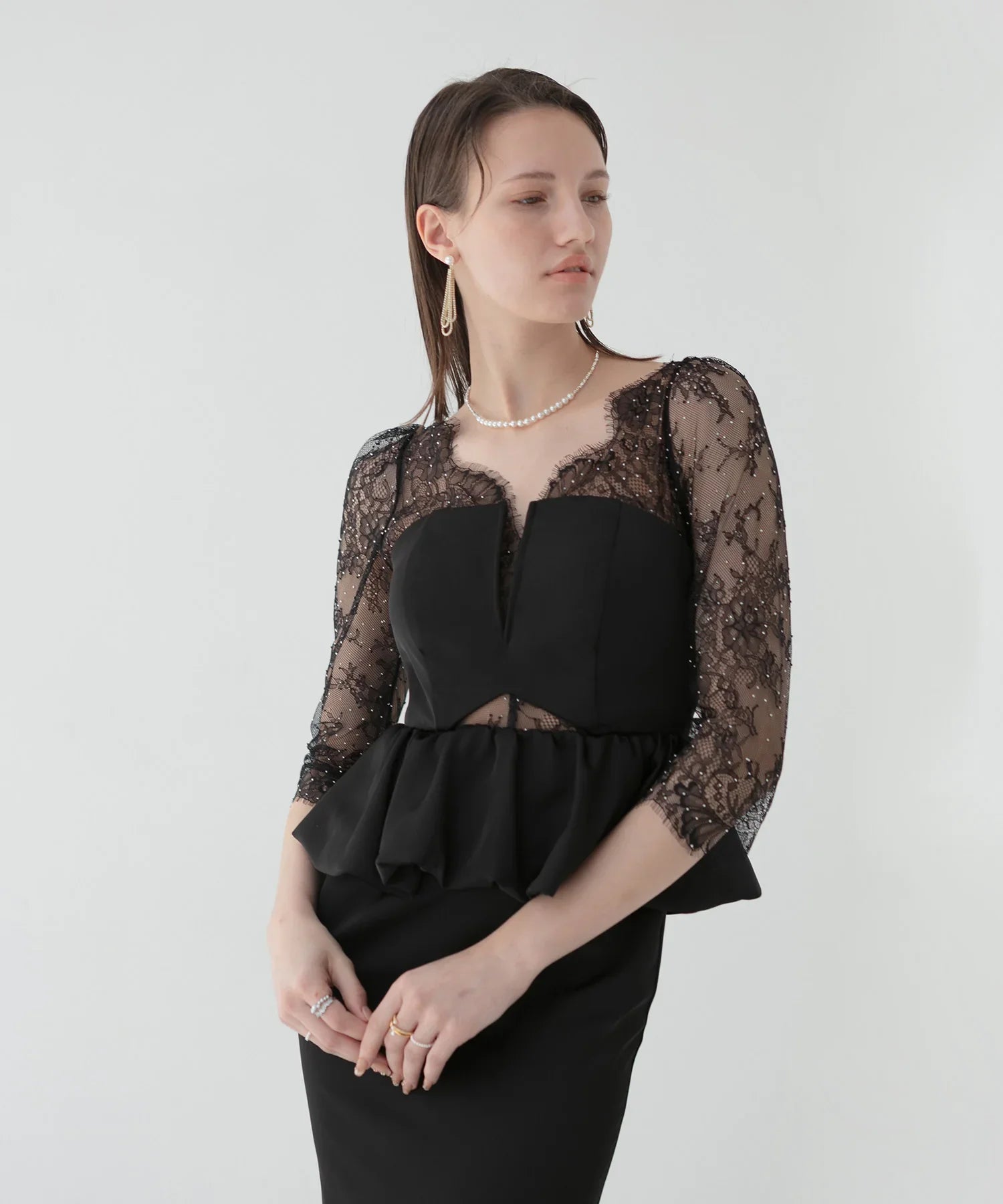 【LEJA LUXE】Lace stone peplum mermaid dress