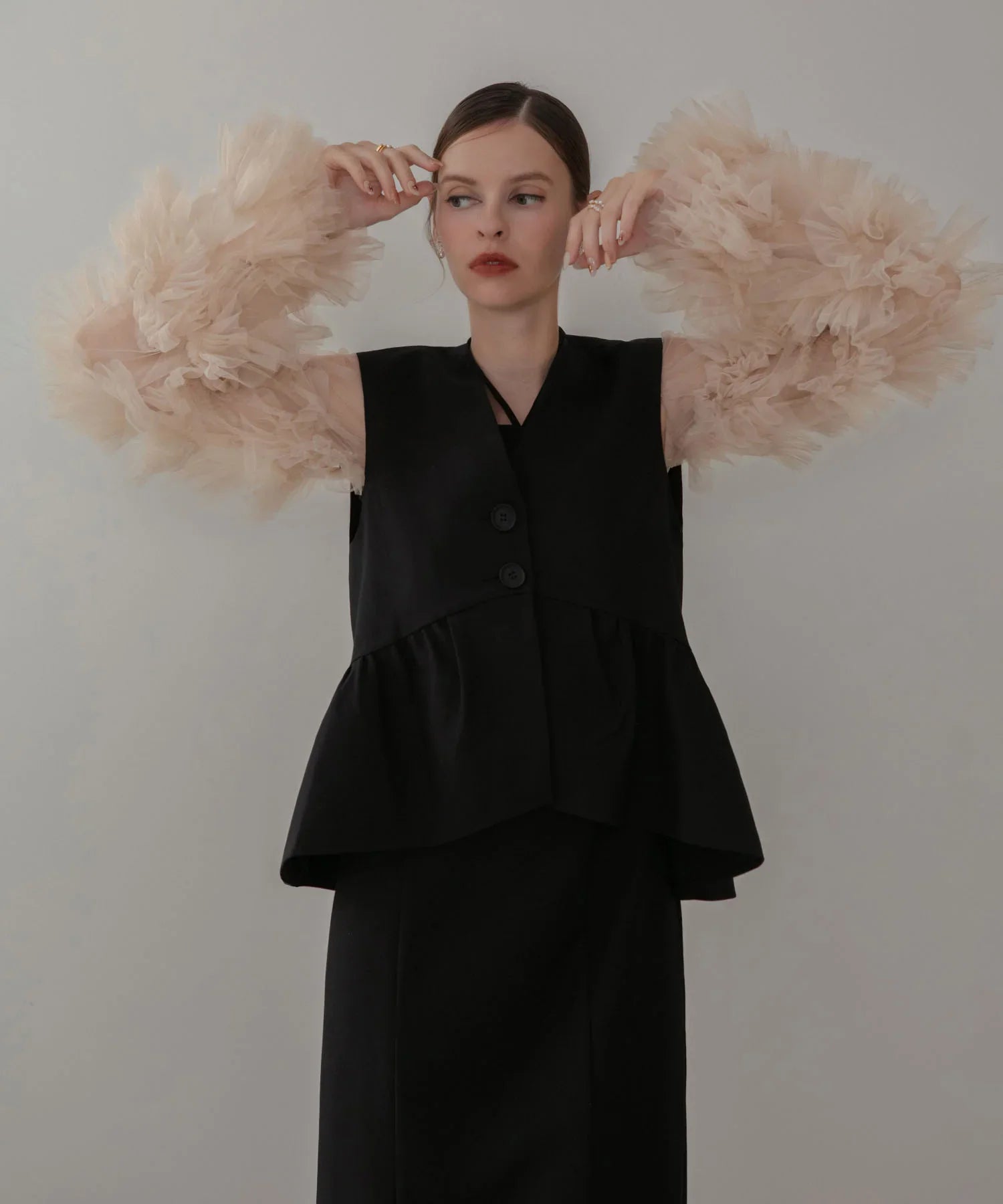 【当日発送】チュールフリルスリーブベストセットワンピースドレス