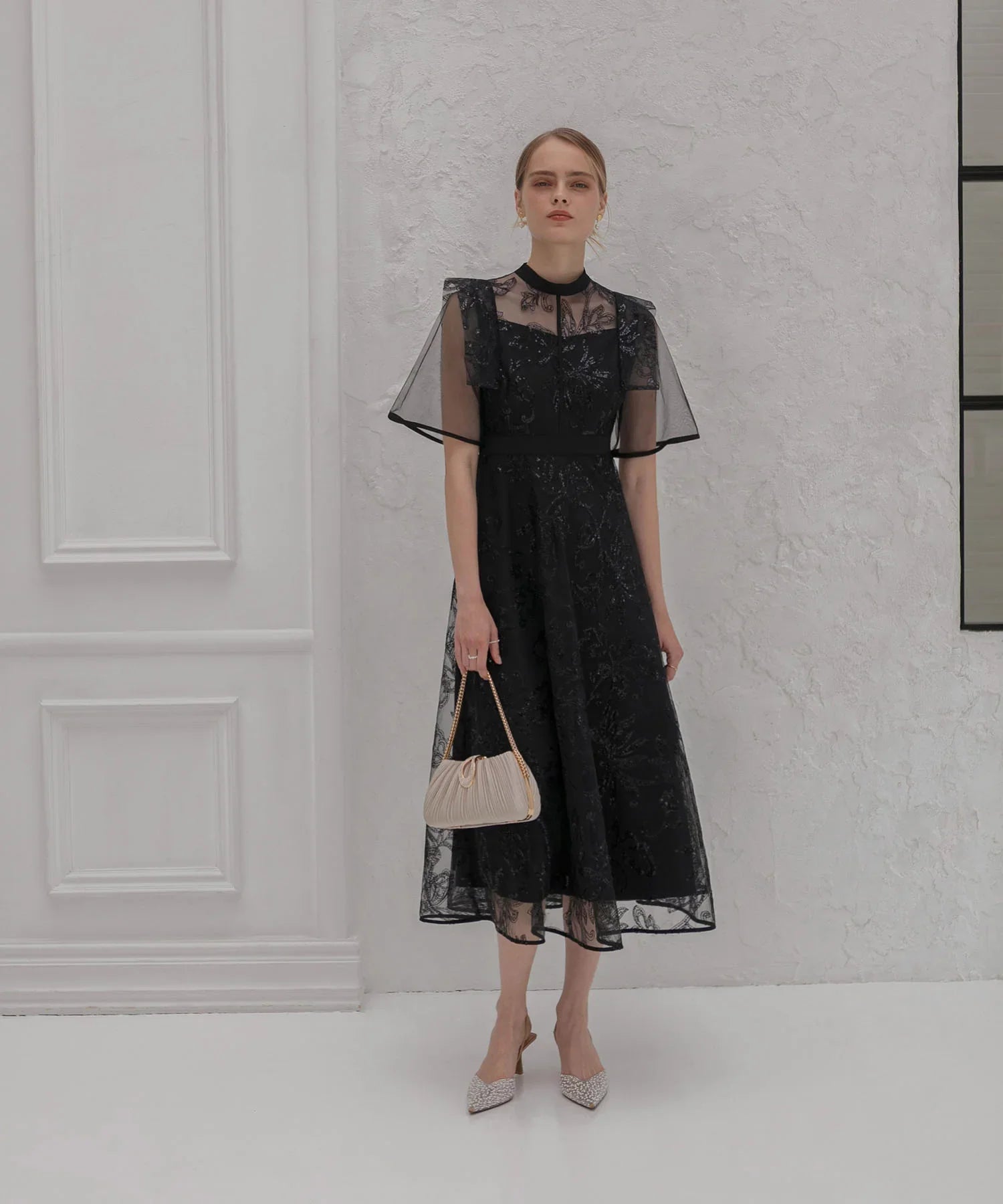 【一部当日発送】フラップデザインフラワースパンコールAラインワンピースドレス