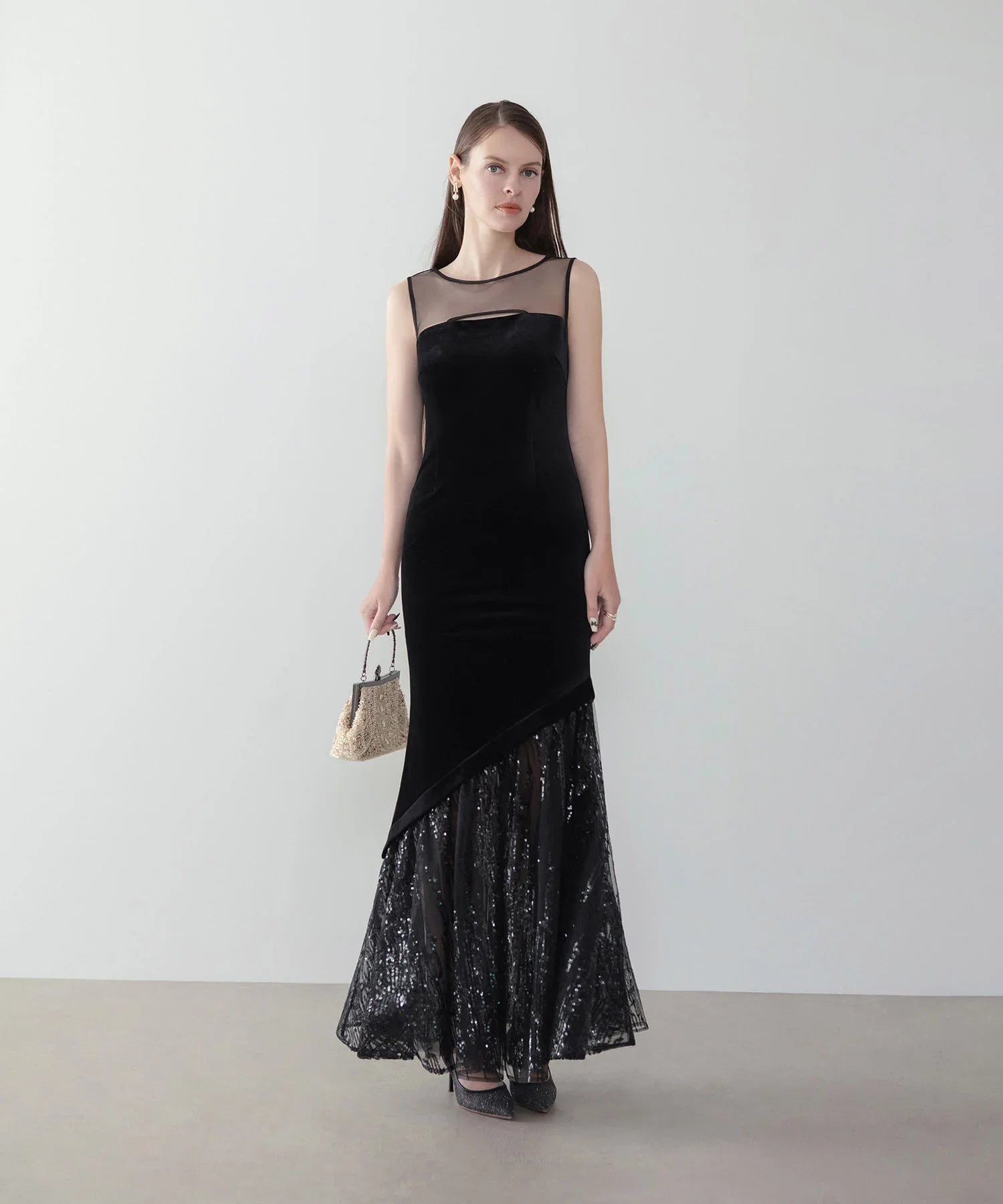 【LEJA LUXE】2WAYアシンメトリーフリルベロアマーメイドドレス