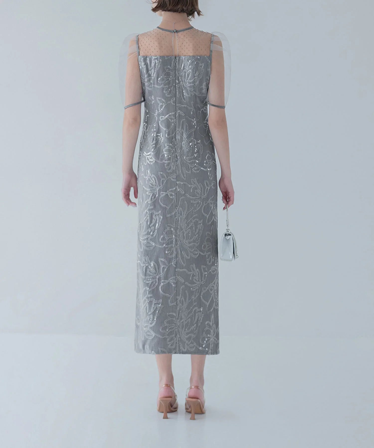 【当日発送】ドットチュールフラワースパンコールIラインワンピースドレス