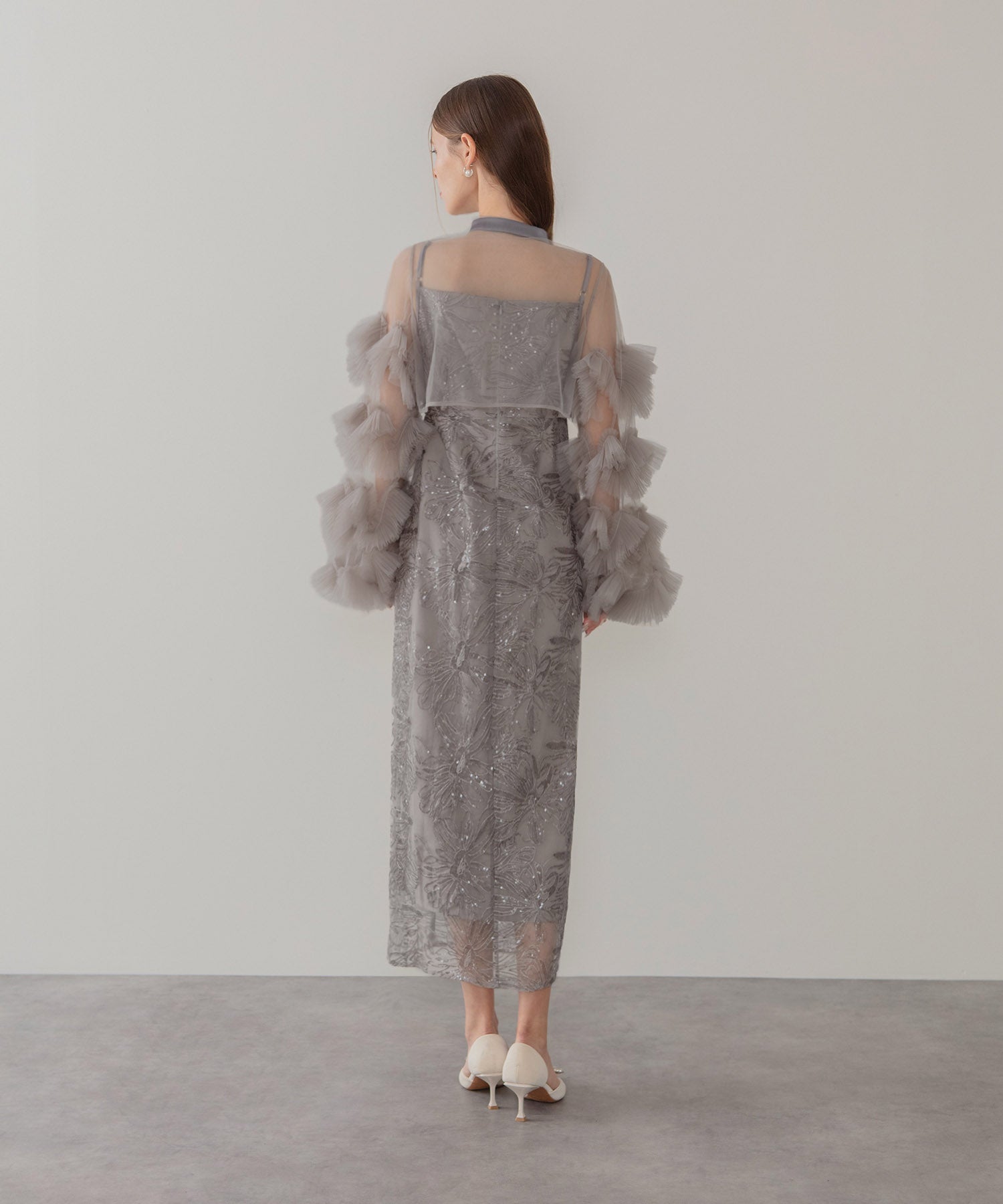 【一部当日発送】フリルチュールスリーブリボンIラインワンピースドレス