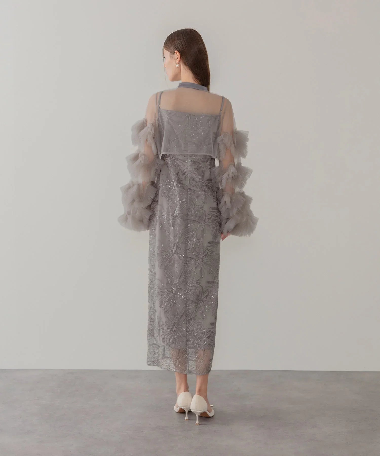 【一部当日発送】フリルチュールスリーブリボンIラインワンピースドレス