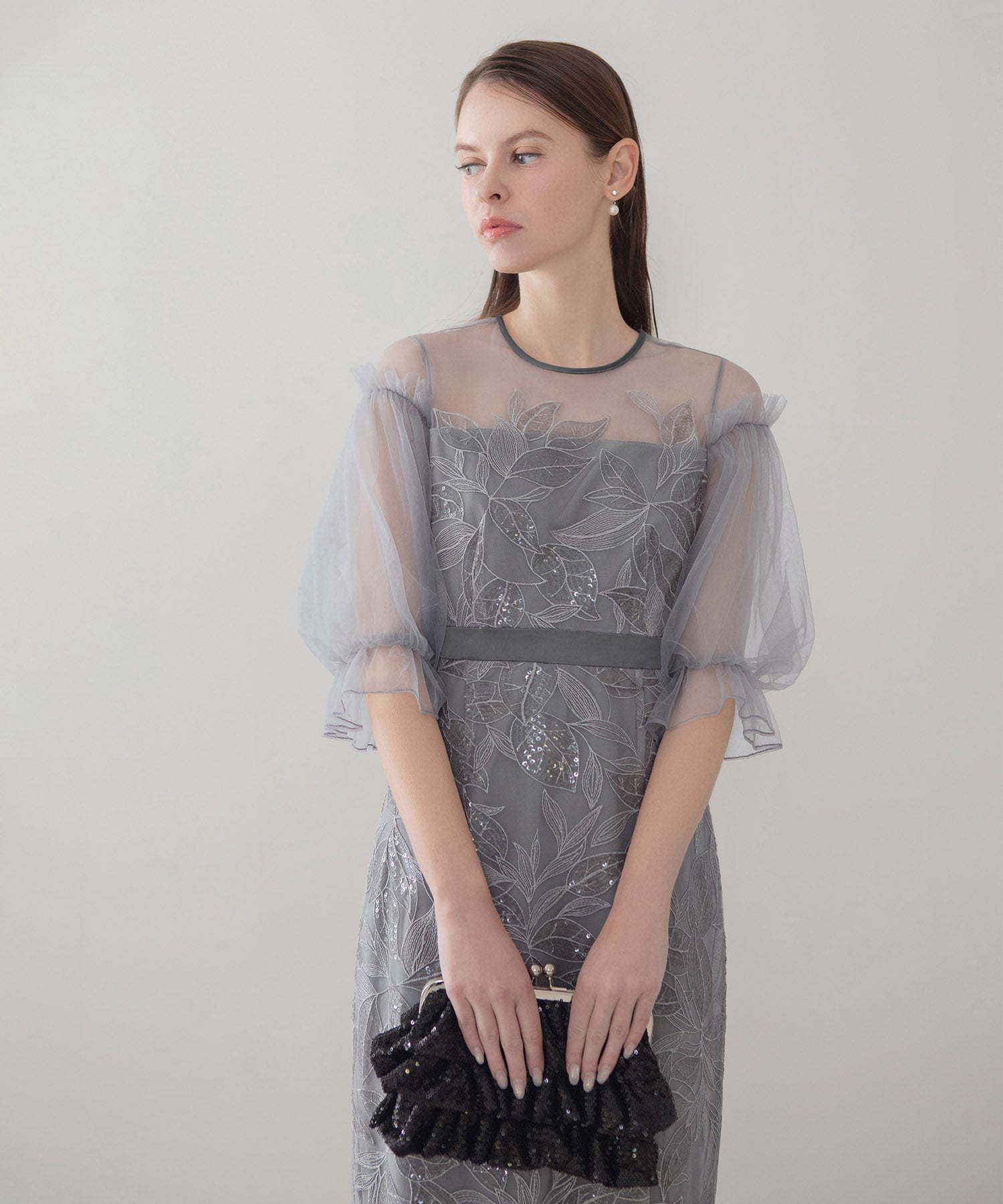 【当日発送】リーフスパンコールチュールパフスリーブIラインワンピースドレス