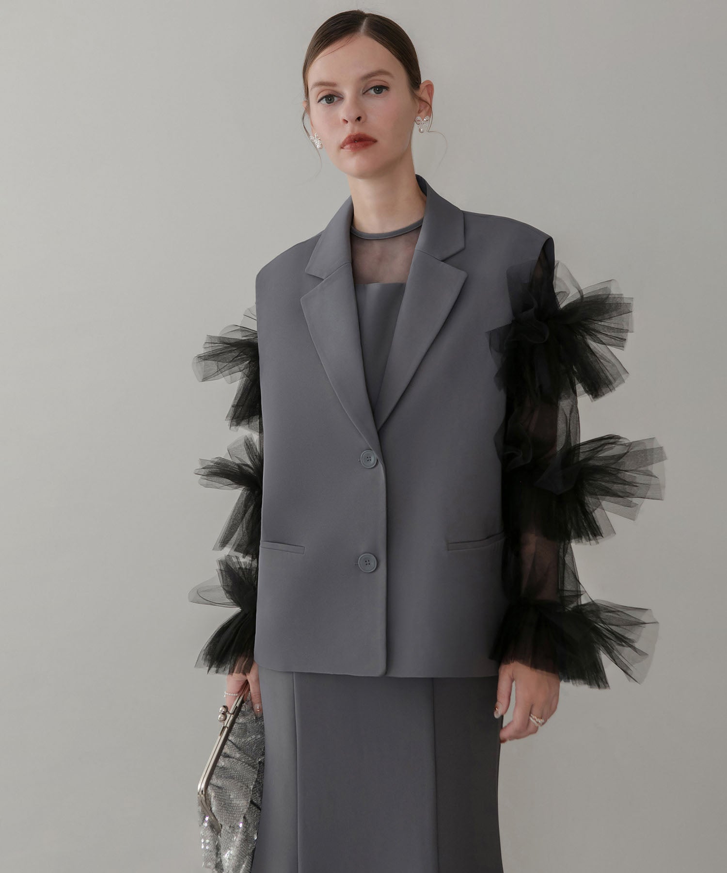 【当日発送】ボリュームチュールスリーブベストセットアップドレス