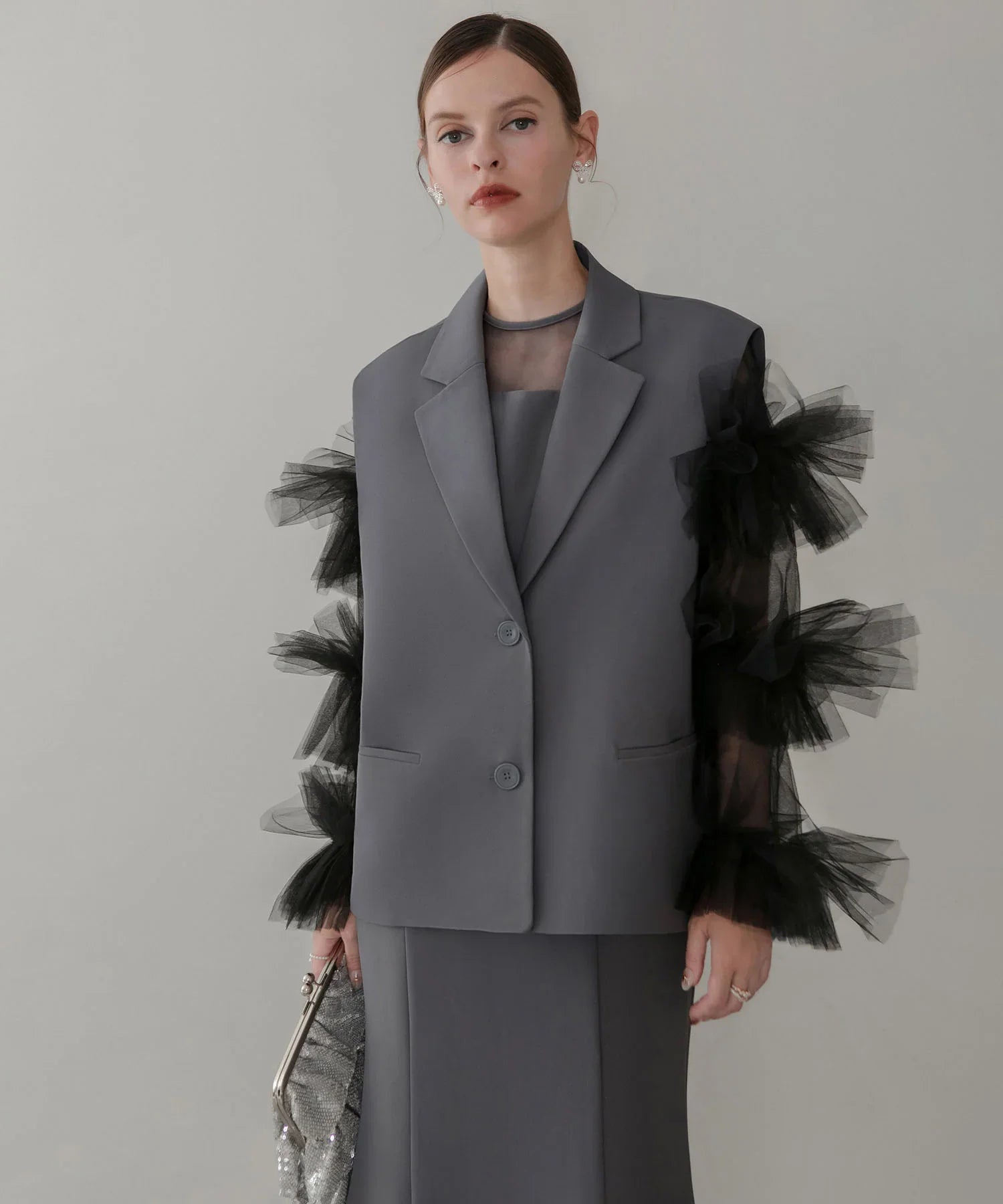 【当日発送】ボリュームチュールスリーブベストセットアップドレス