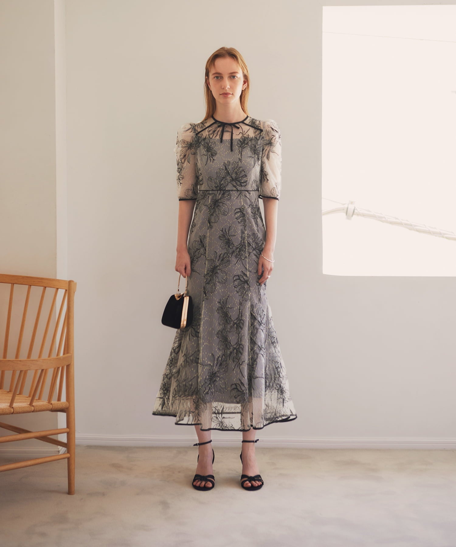 【当日発送】花柄リボンパフスリーブマーメイドワンピースドレス