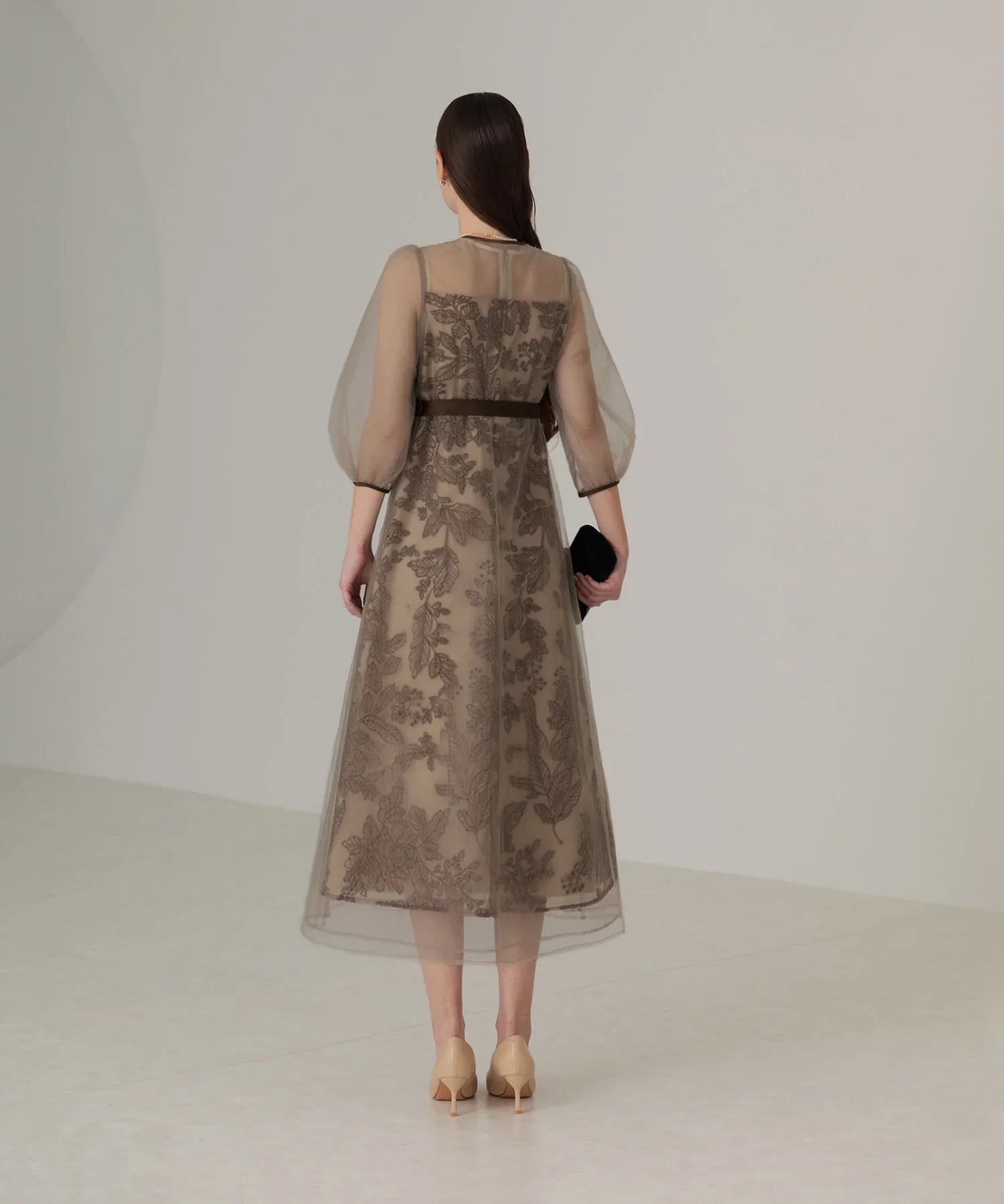 【当日発送】チュールパイピングリーフベルトAラインワンピースドレス