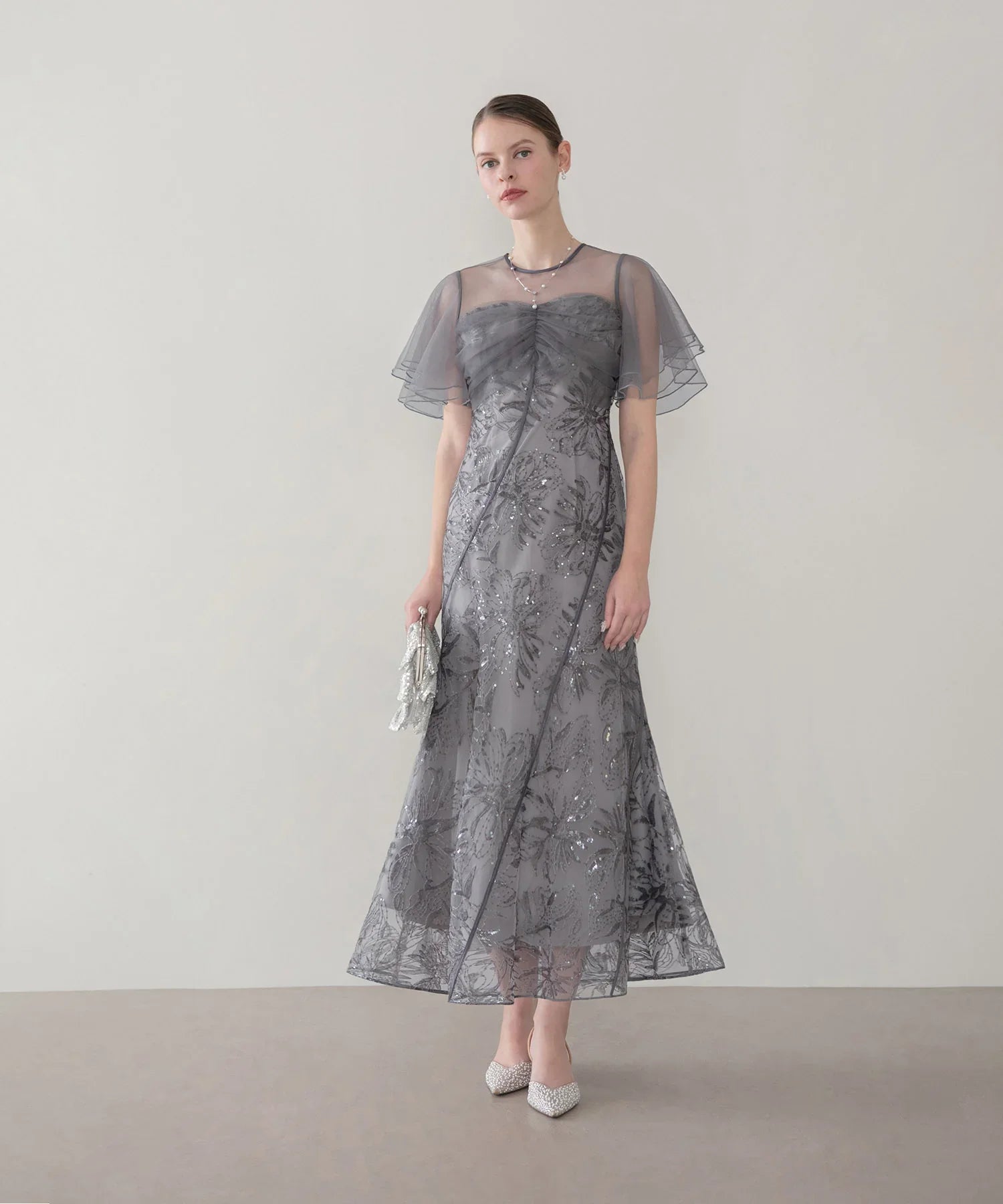 【予約販売】フラワースパンコールチュールフレアスリーブマーメイドワンピースドレス