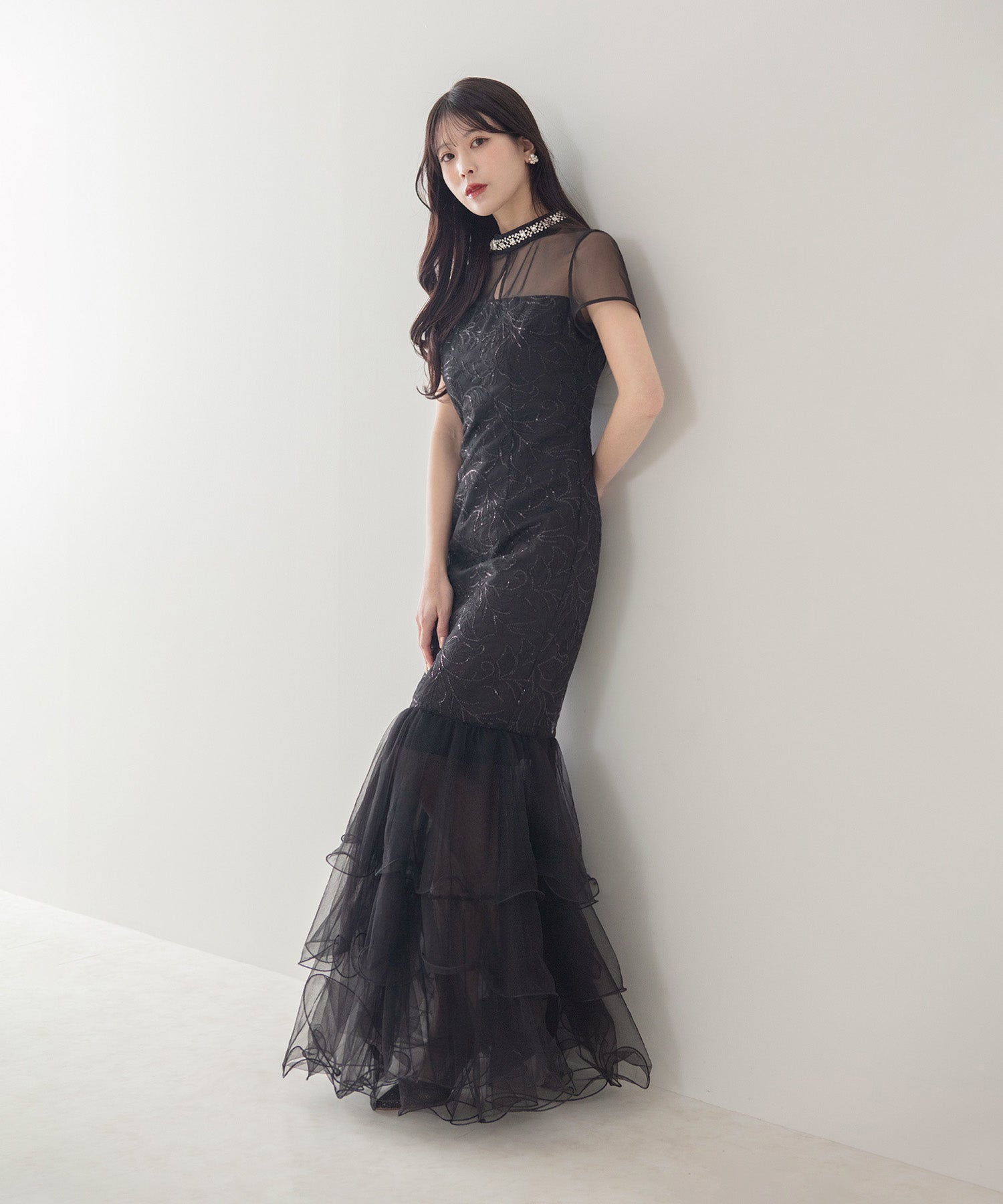 【LEJA LUXE】ネックビジュースパンコールシアーティアードマーメイドドレス