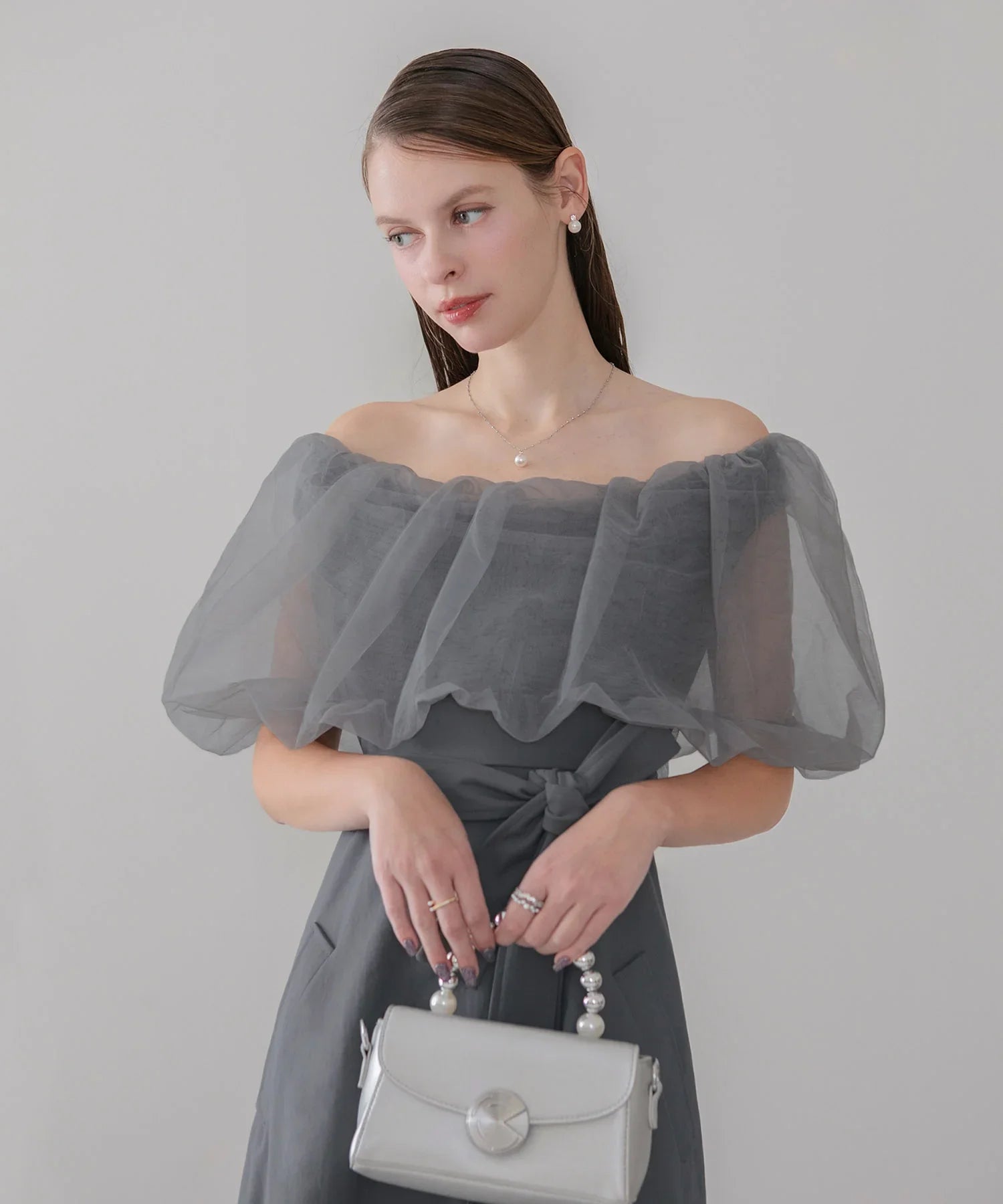 【当日発送】3WAYオフショルチュールトレンチディティールワンピ―スドレス