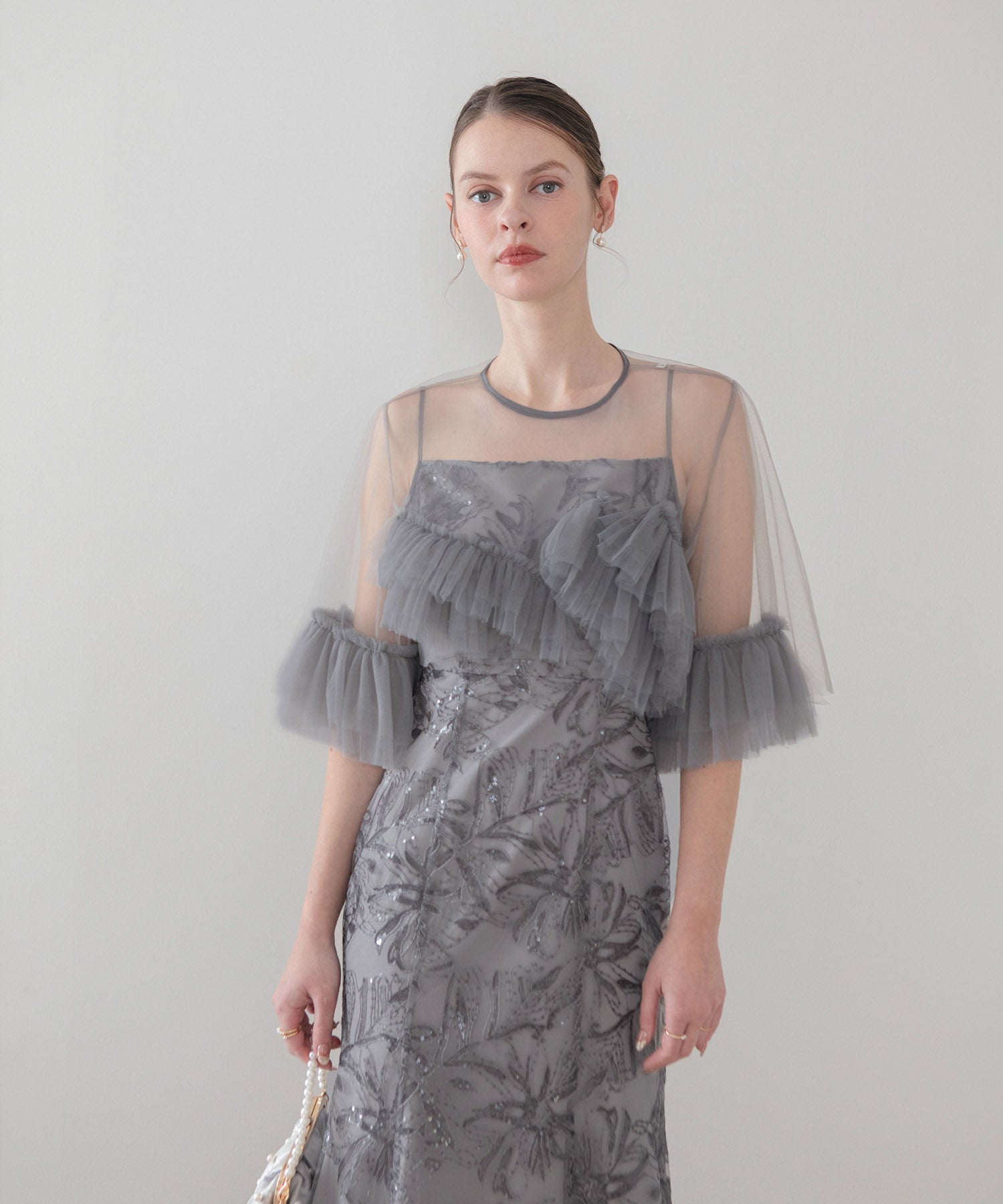 【当日発送】チュールフリルスリーブスパンコールフラワーマーメイドワンピースドレス