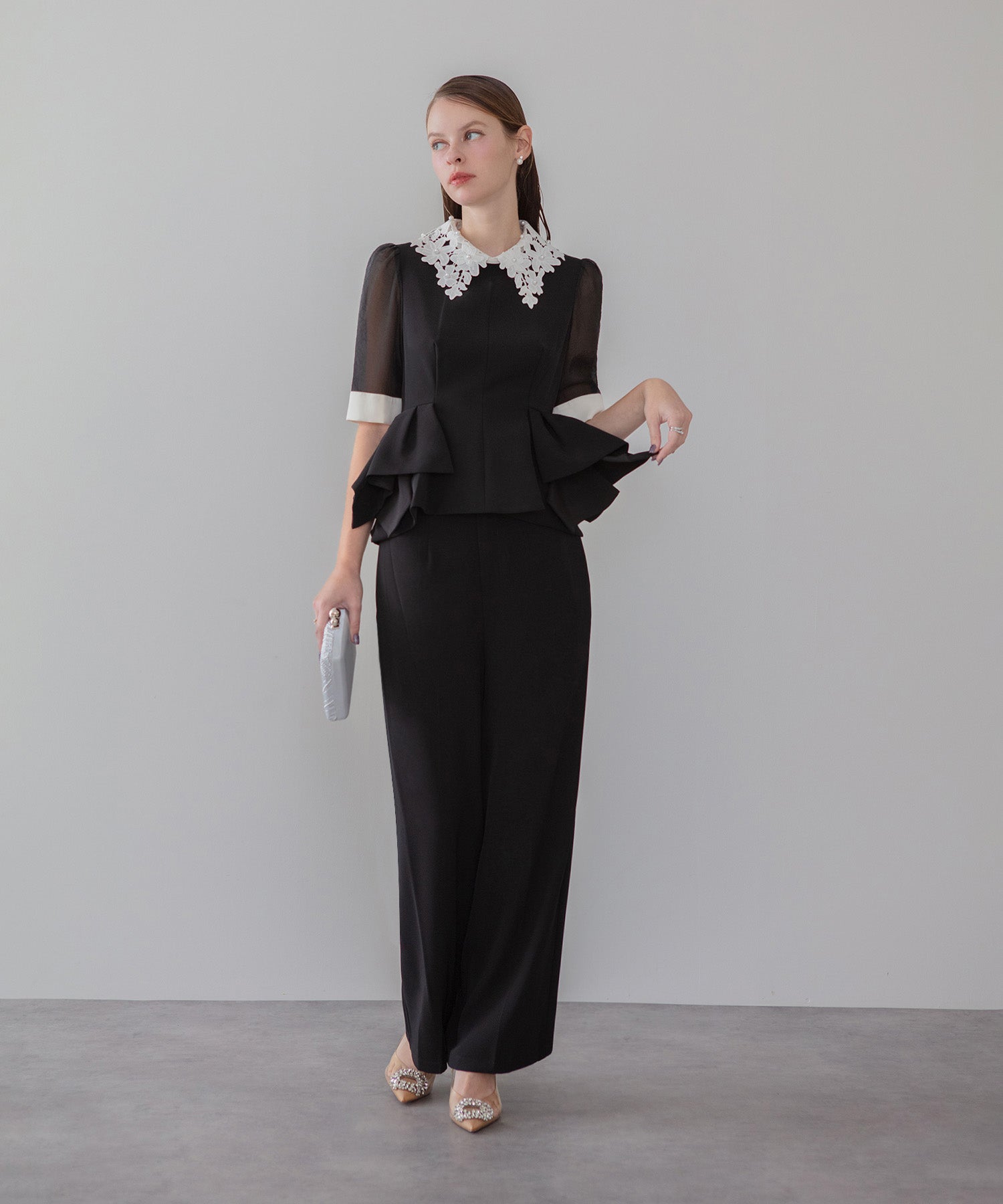 【当日発送】レースカラーペプラムブラウスパンツセットアップドレス