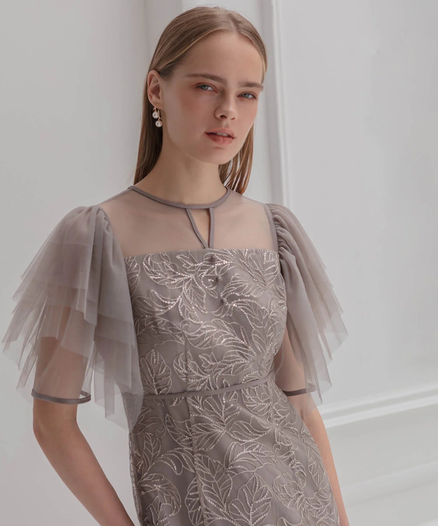 【当日発送】チュールスリーブボタニカルマーメイドワンピースドレス