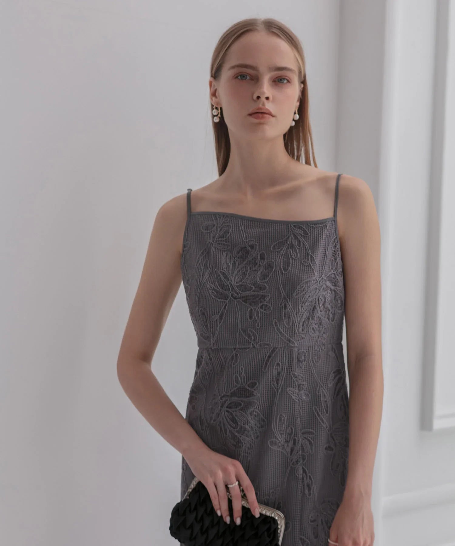 【当日発送】2WAYアシンメトリーフリルチュールフラワーIラインワンピースドレス