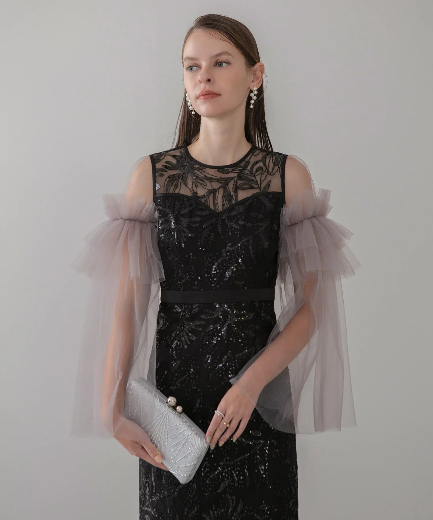 【当日発送】フラワーチュールフリルスリーブIラインワンピースドレス