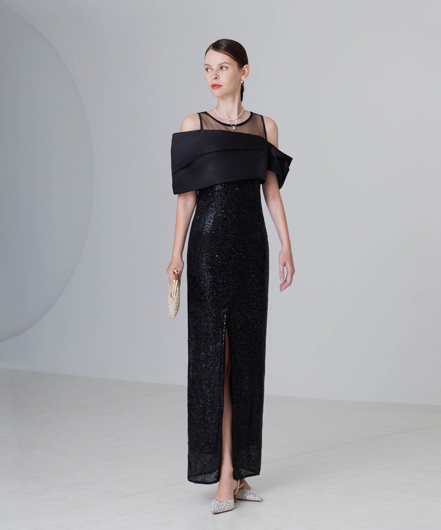 【LEJA LUXE】シースルーアシンメトリースパンコールスリットIラインドレス