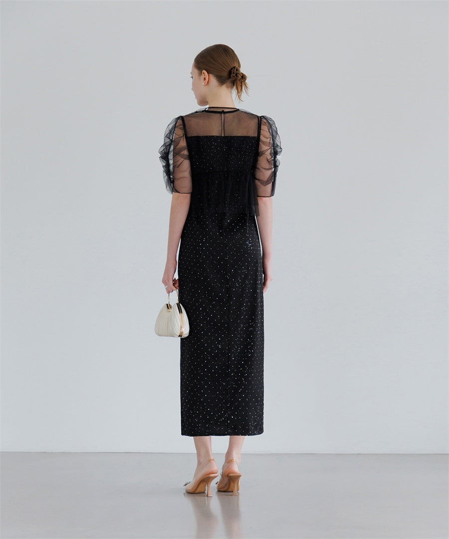 【当日発送】チュールフラワーモチーフドットストーンIラインワンピースドレス