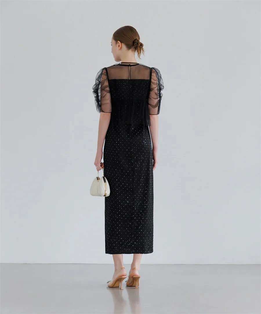 【当日発送】チュールフラワーモチーフドットストーンIラインワンピースドレス