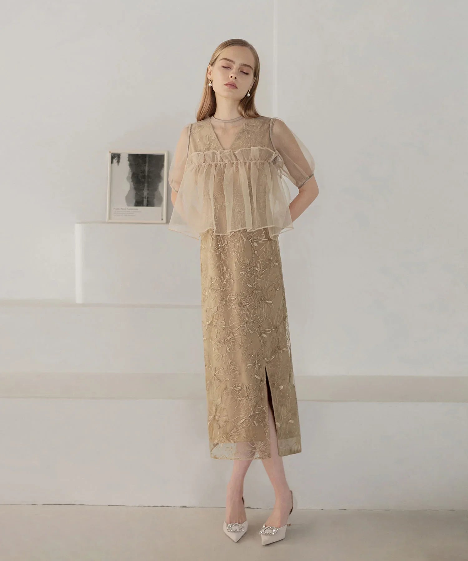 【当日発送】ボリュームシアーフリルジャガードIラインワンピースドレス