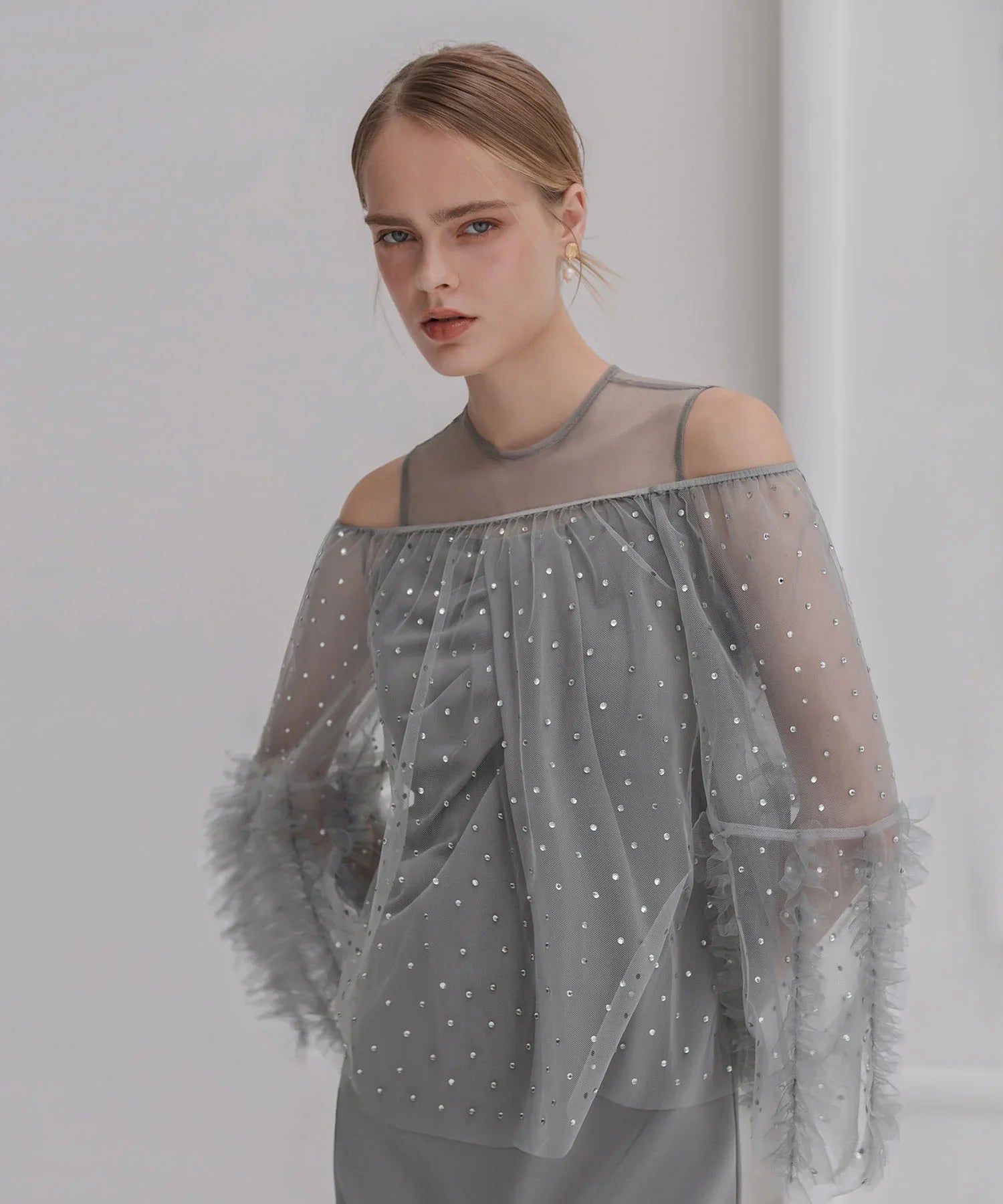 【当日発送】ドットストーンオフショルIラインワンピースドレス