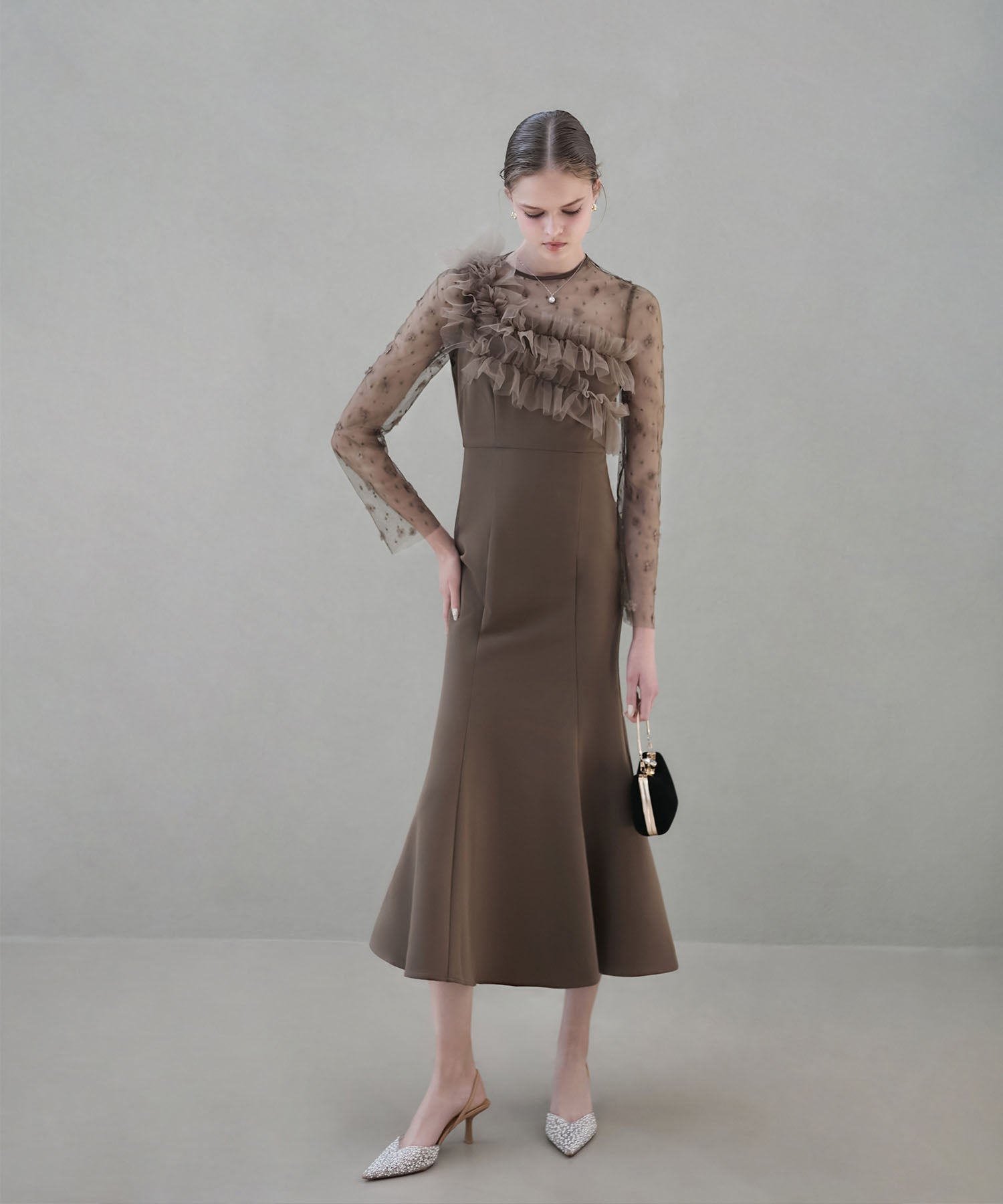 【当日発送】フラワーモチーフアシンメトリーチュールマーメイドワンピースドレス