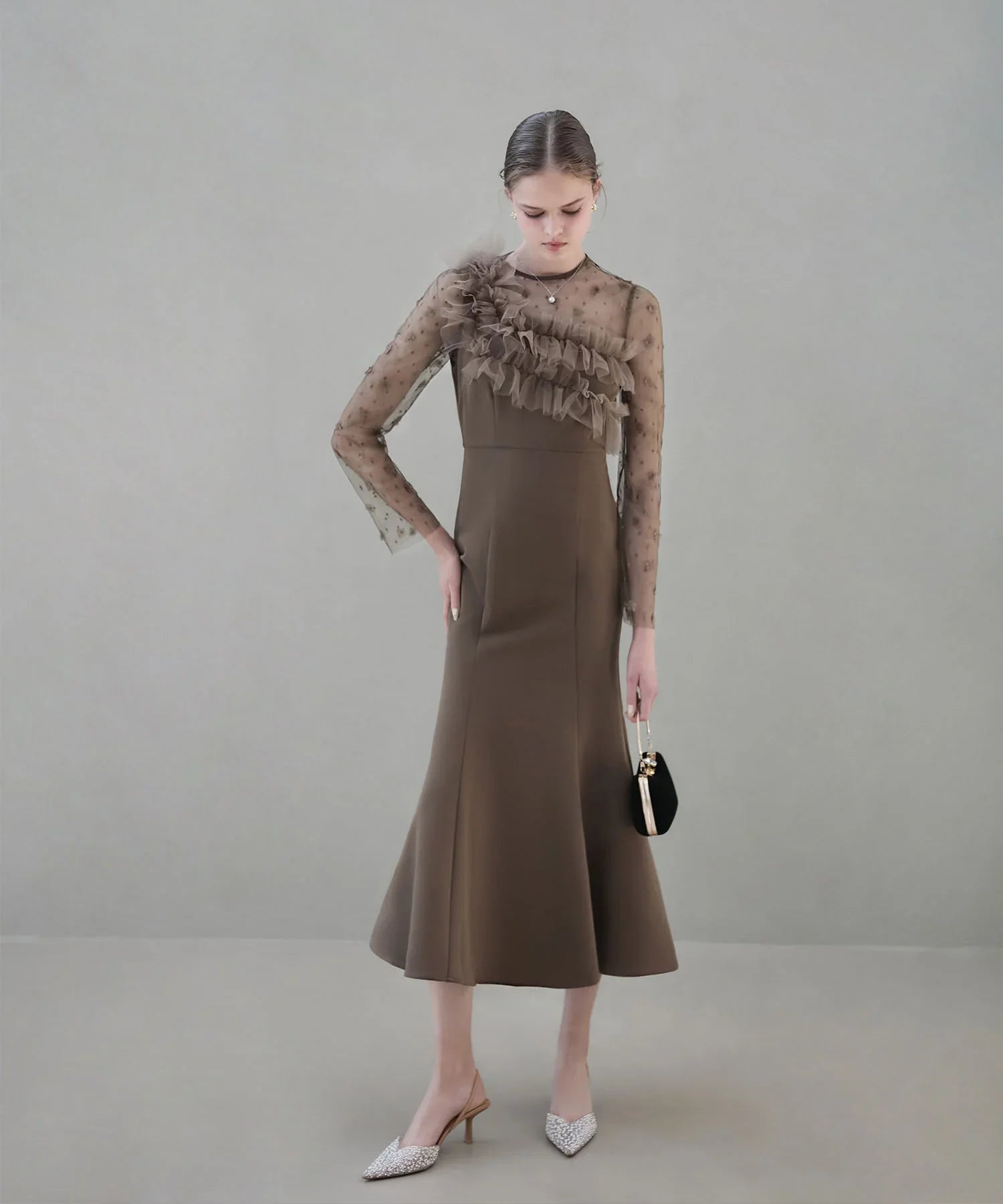 【当日発送】フラワーモチーフアシンメトリーチュールマーメイドワンピースドレス