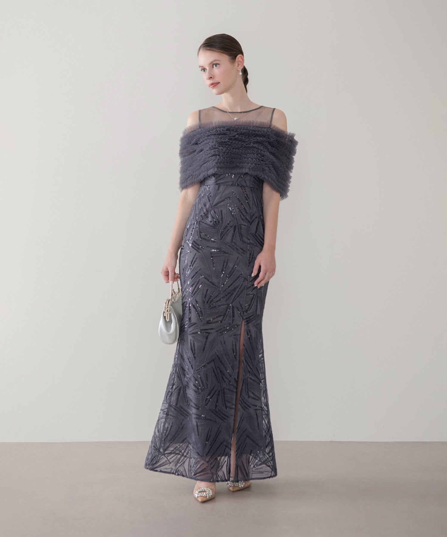 【LEJA LUXE】チュールフリルスパンコールスリットマーメイドドレス