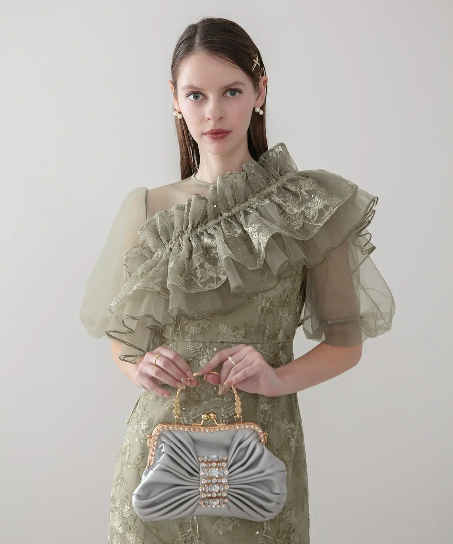 【予約販売】3WAYチュールラッフルフラワースパンコールIラインワンピースドレス