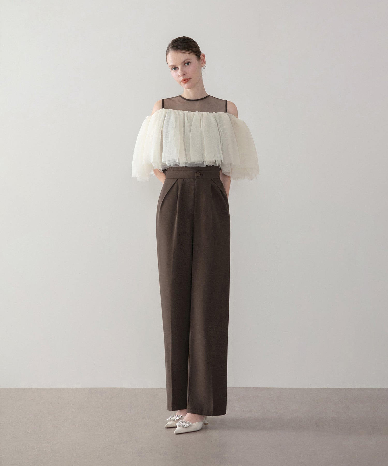 【当日発送】シアーチュールオフショルダーセットアップパンツドレス