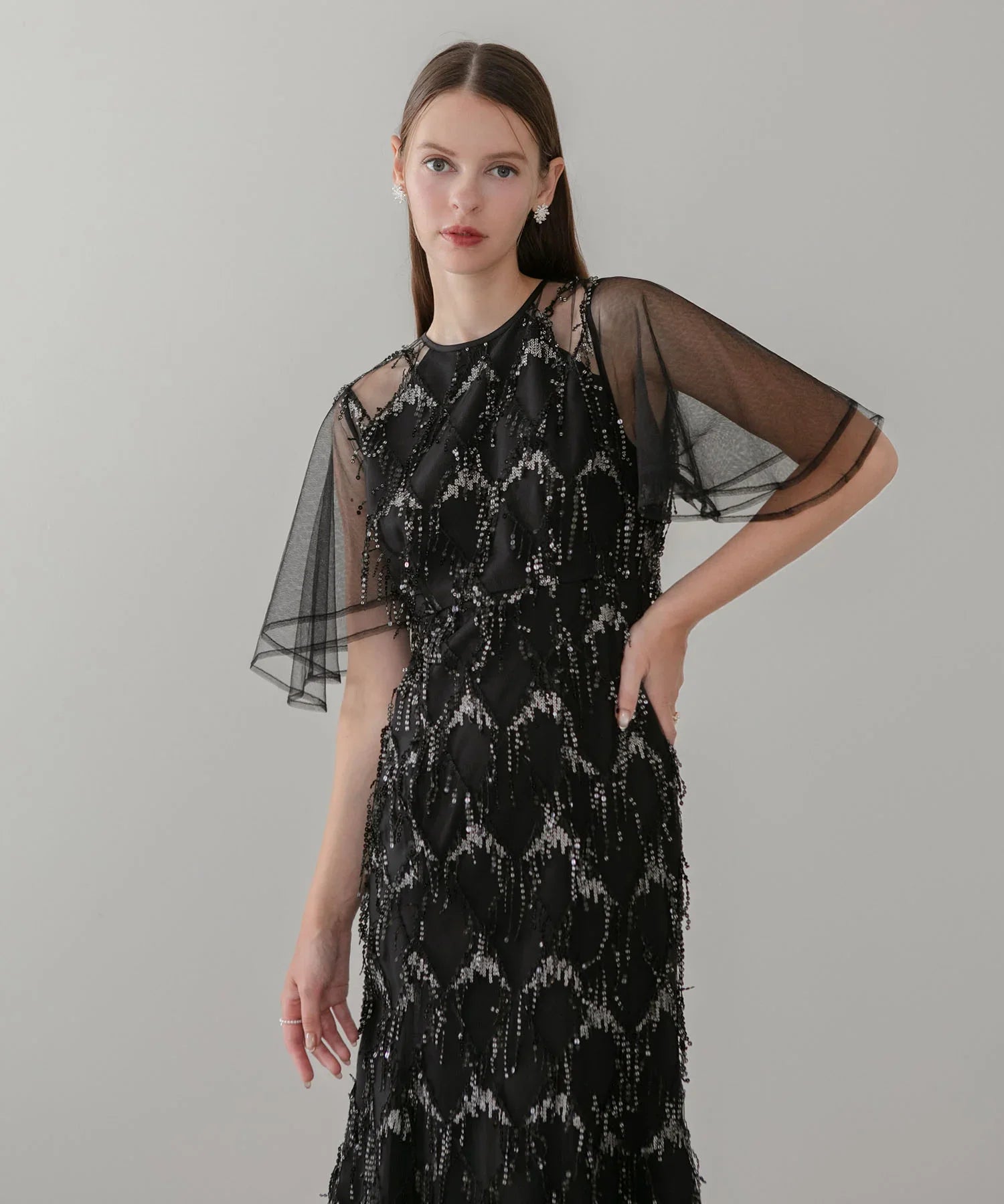 【当日発送】チュールスリーブスパンコールマーメイドワンピースドレス