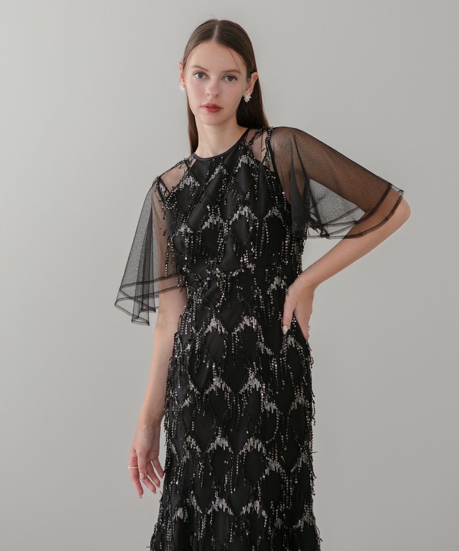 【当日発送】チュールスリーブスパンコールマーメイドワンピースドレス